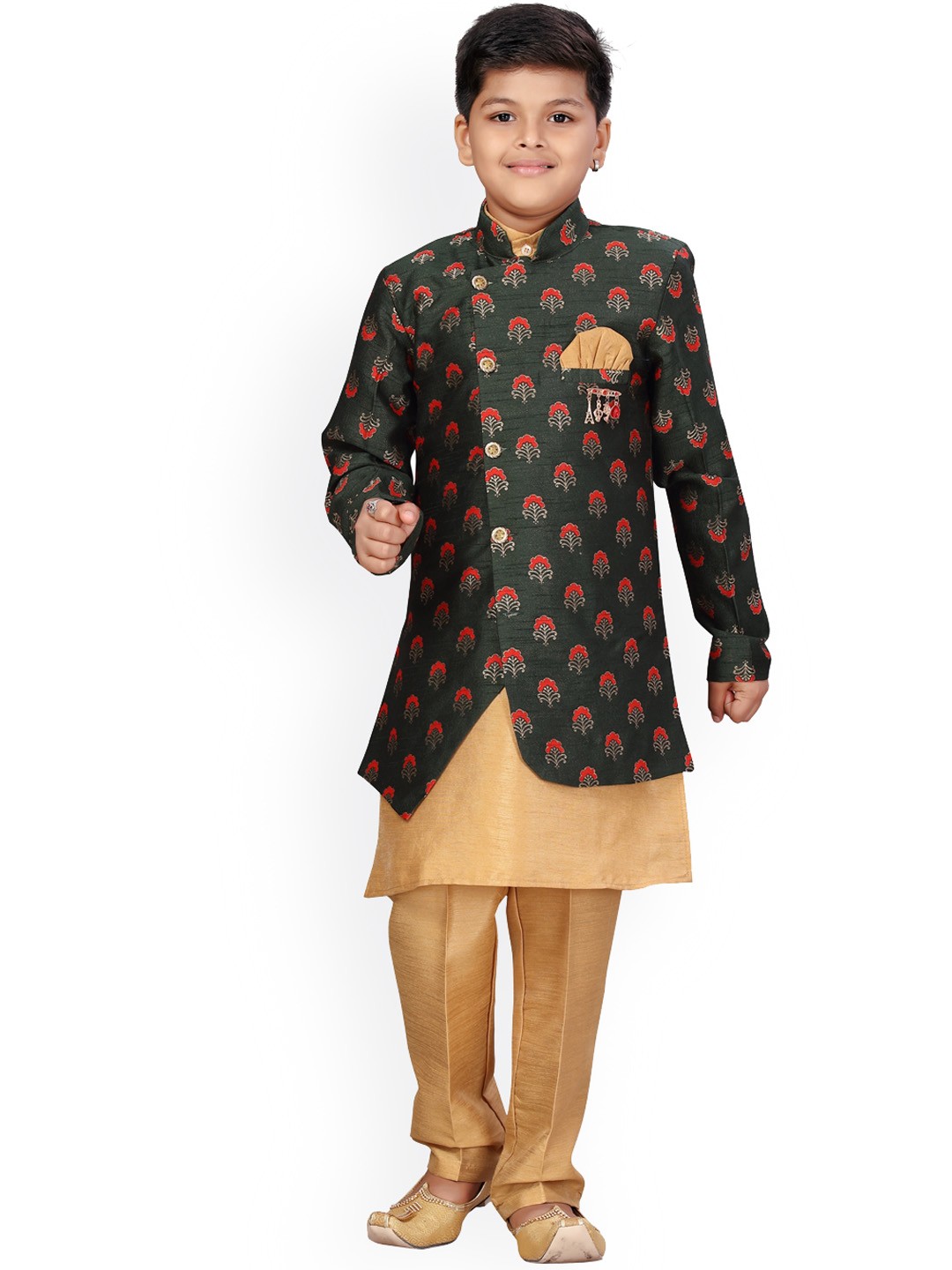 

ahhaaaa Boys Green & Gold-Toned Solid Kurta with Pyjamas