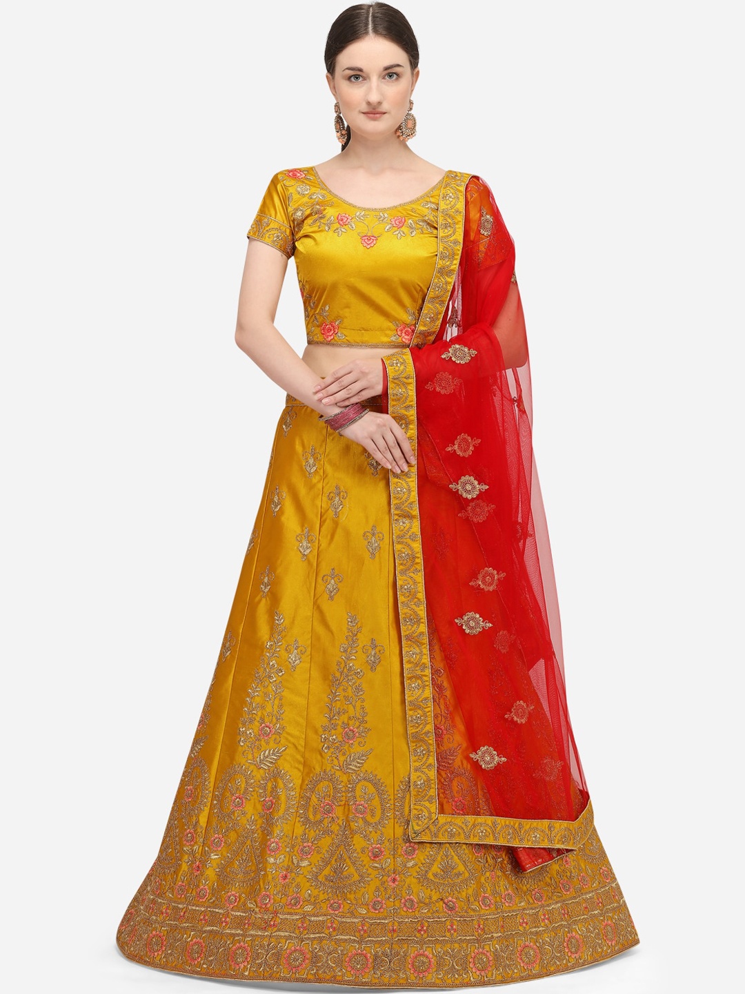 

Netram Yellow & Red Embroidered Semi-Stitched Lehenga & Unstitched Blouse with Dupatta