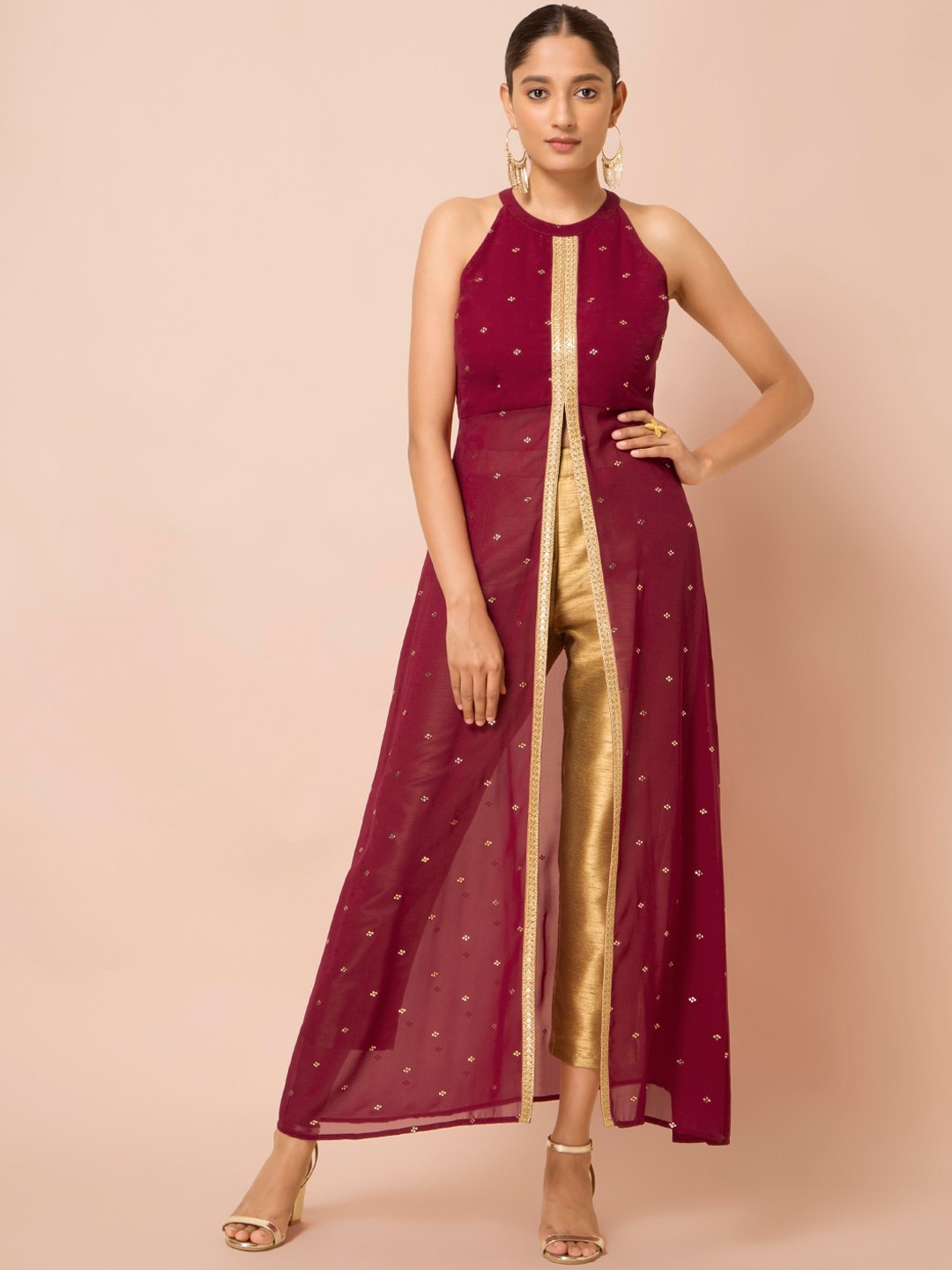 

INDYA Women Maroon & Gold Embellished Longline Maxi Kurta