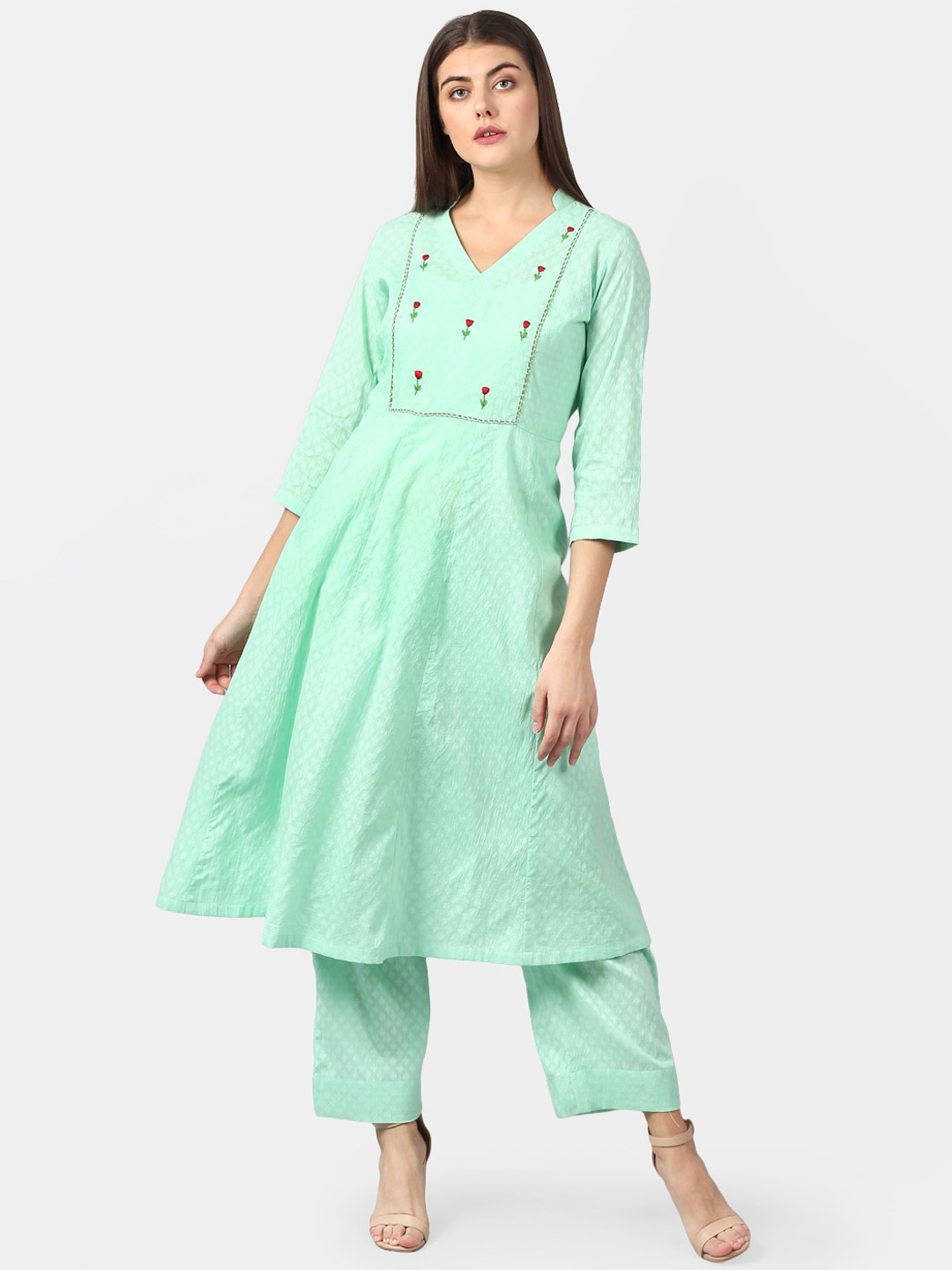 

Dart Studio Women Sea Green Floral Embroidered Thread Work Jacquard Anarkali Kurta