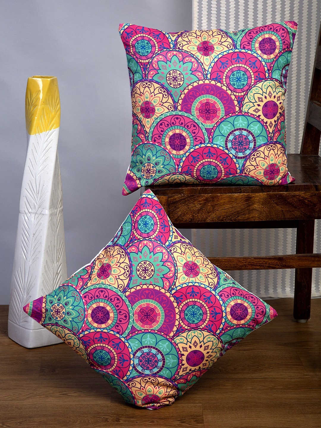 

Alina decor Set Of 2 Pink & Blue Ethnic Motifs Square Cushion Covers