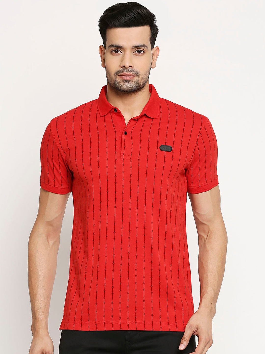 

Mufti Men Red Printed Polo Collar Pure Cotton T-shirt