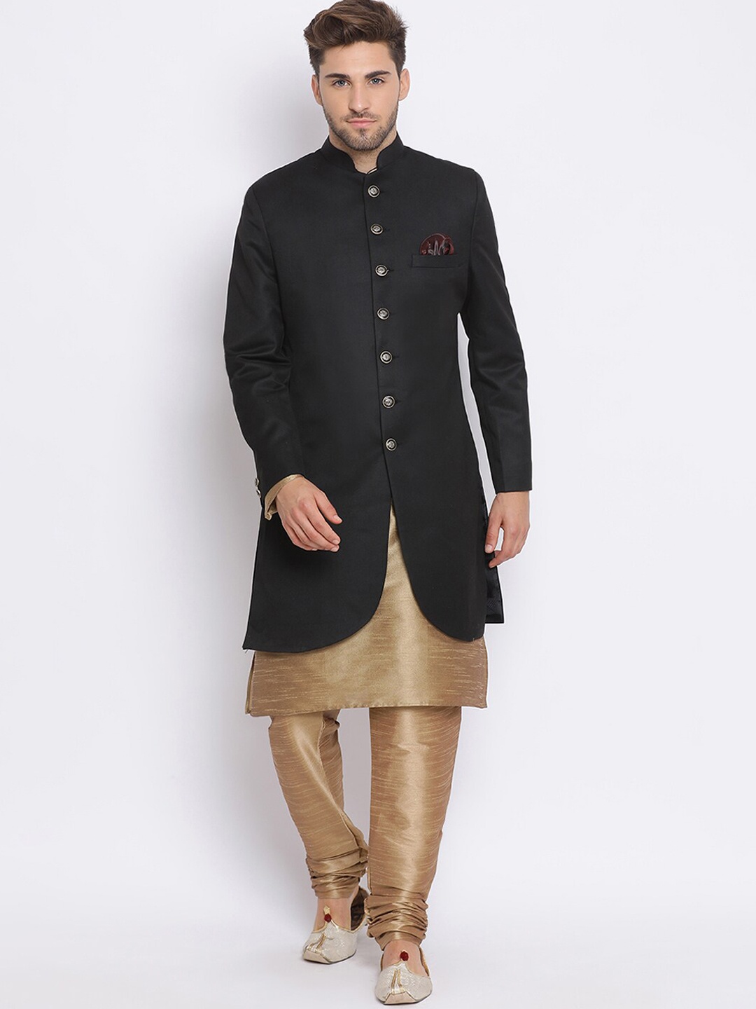 

Hangup Men Black & Gold-Color Solid Sherwani Set