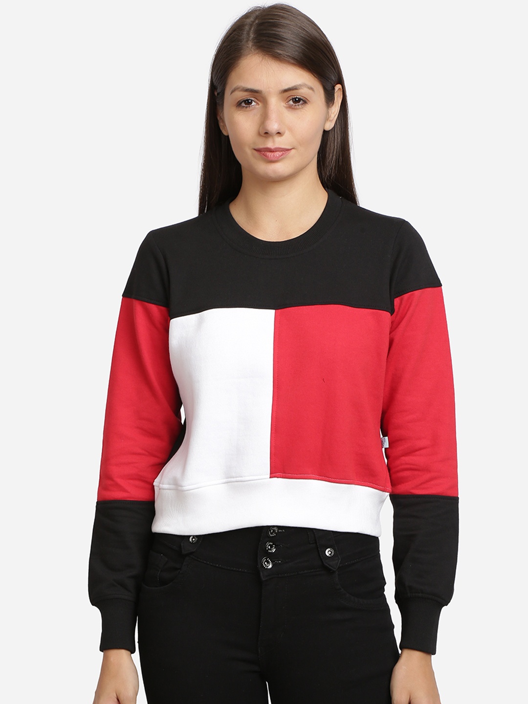 

BEVERLY BLUES Women Black & Red Colourblocked Sweatshirt