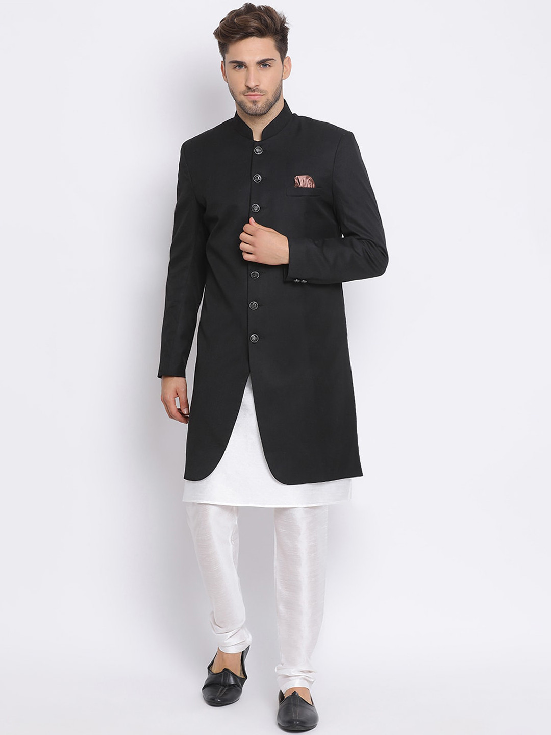 

Hangup Men Black & White Solid Sherwani Set