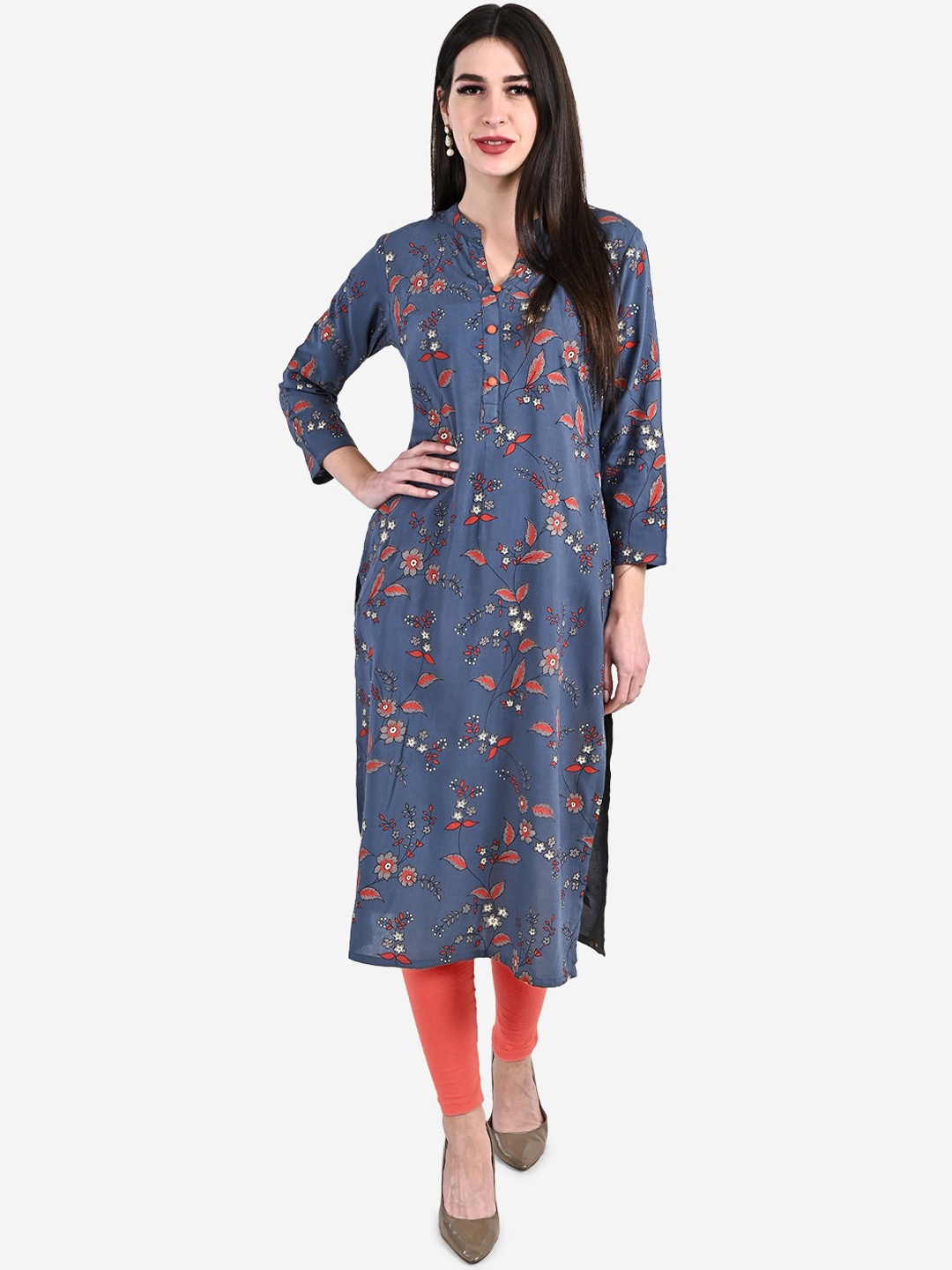 

Be Indi Women Collared Floral Printed Straight Side Slits Kurti, Navy blue