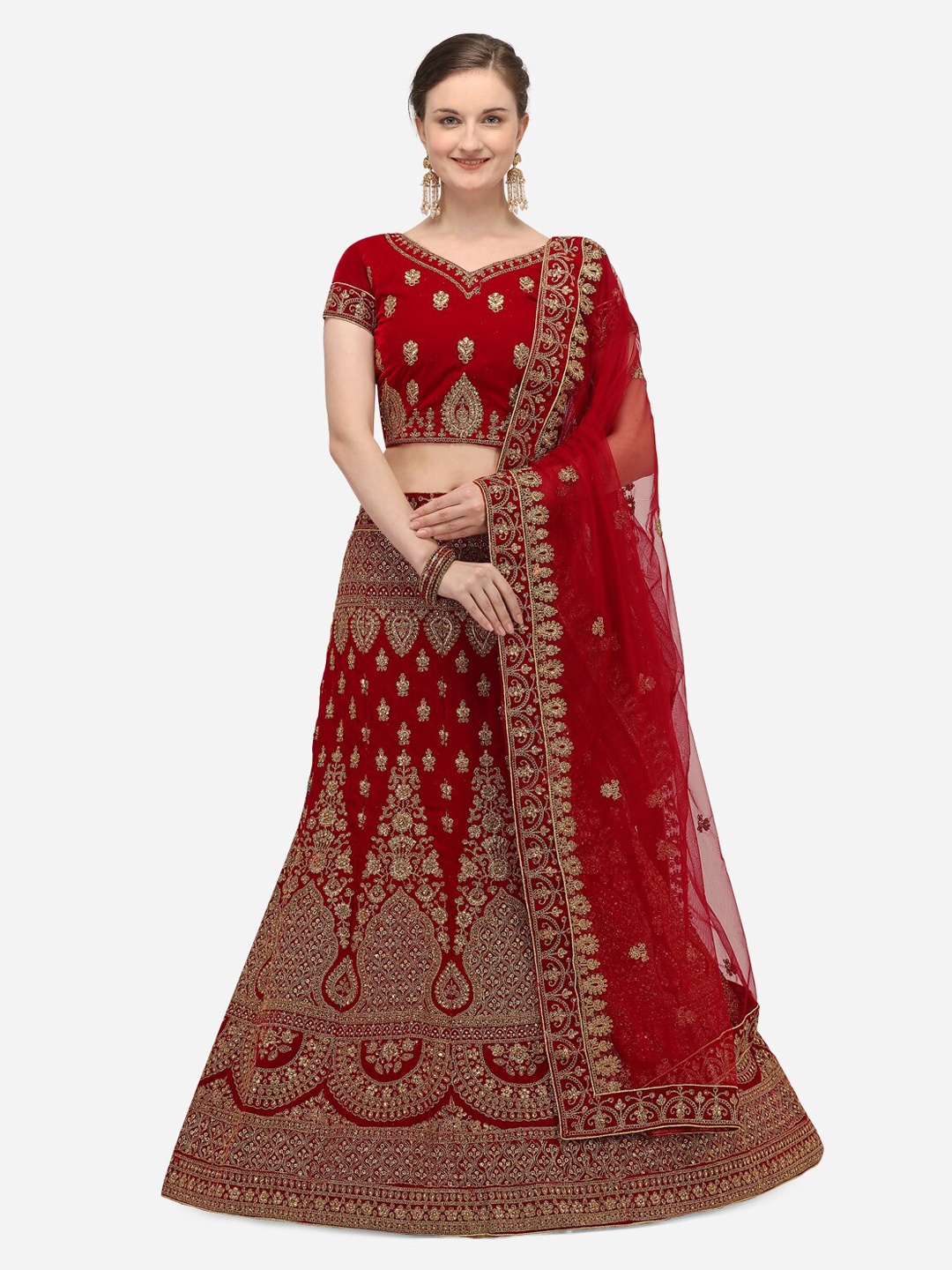 

Netram Maroon & Gold-Toned Embroidered Semi-Stitched Lehenga & Unstitched Blouse with Dupatta