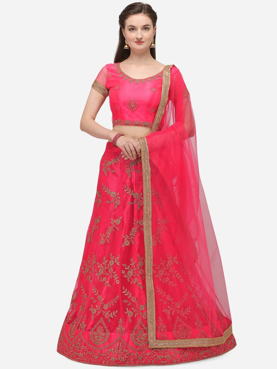 

Netram Pink & Gold-Toned Embroidered Semi-Stitched Lehenga & Unstitched Blouse with Dupatta
