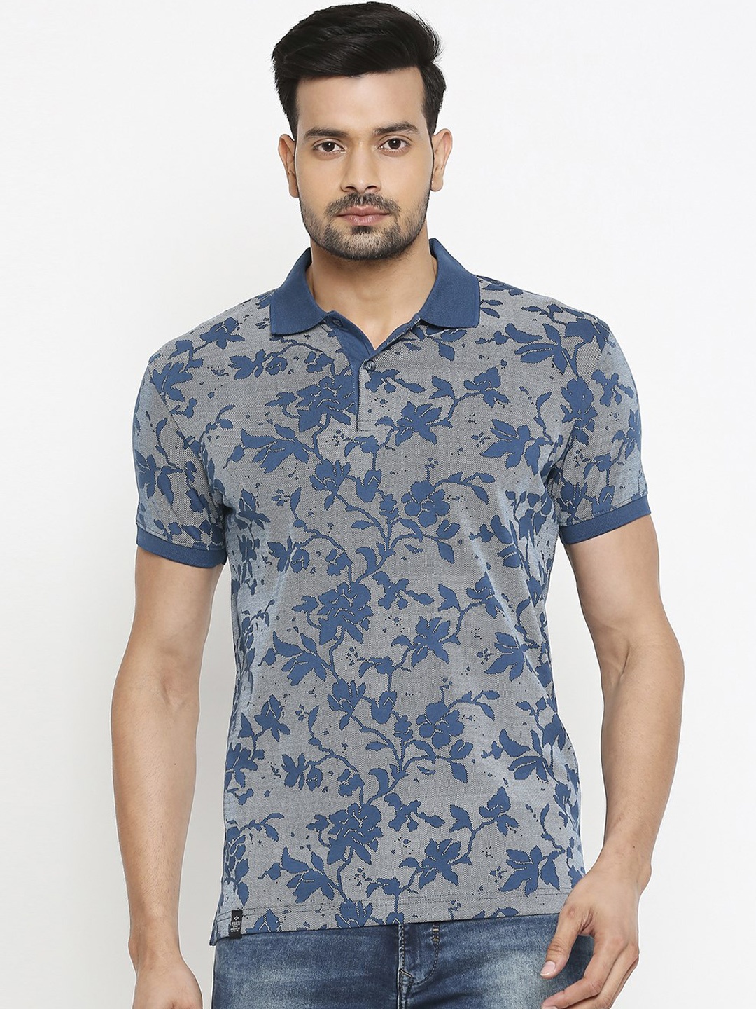 

Mufti Men Grey Blue Printed Polo Collar Pure Cotton T-shirt