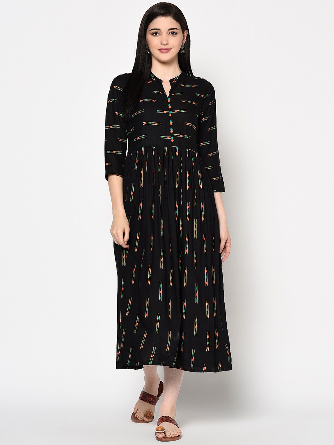 

GULMOHAR JAIPUR Women Black & Yellow Printed Fit and Flare Dress