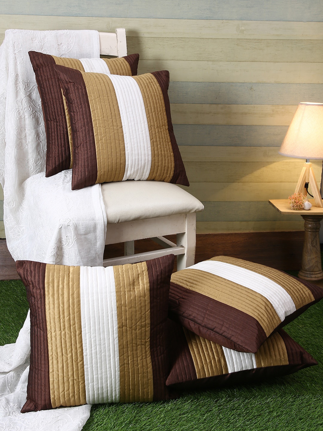 

ROMEE Brown & White Set of 5 Striped Square Cushion Covers