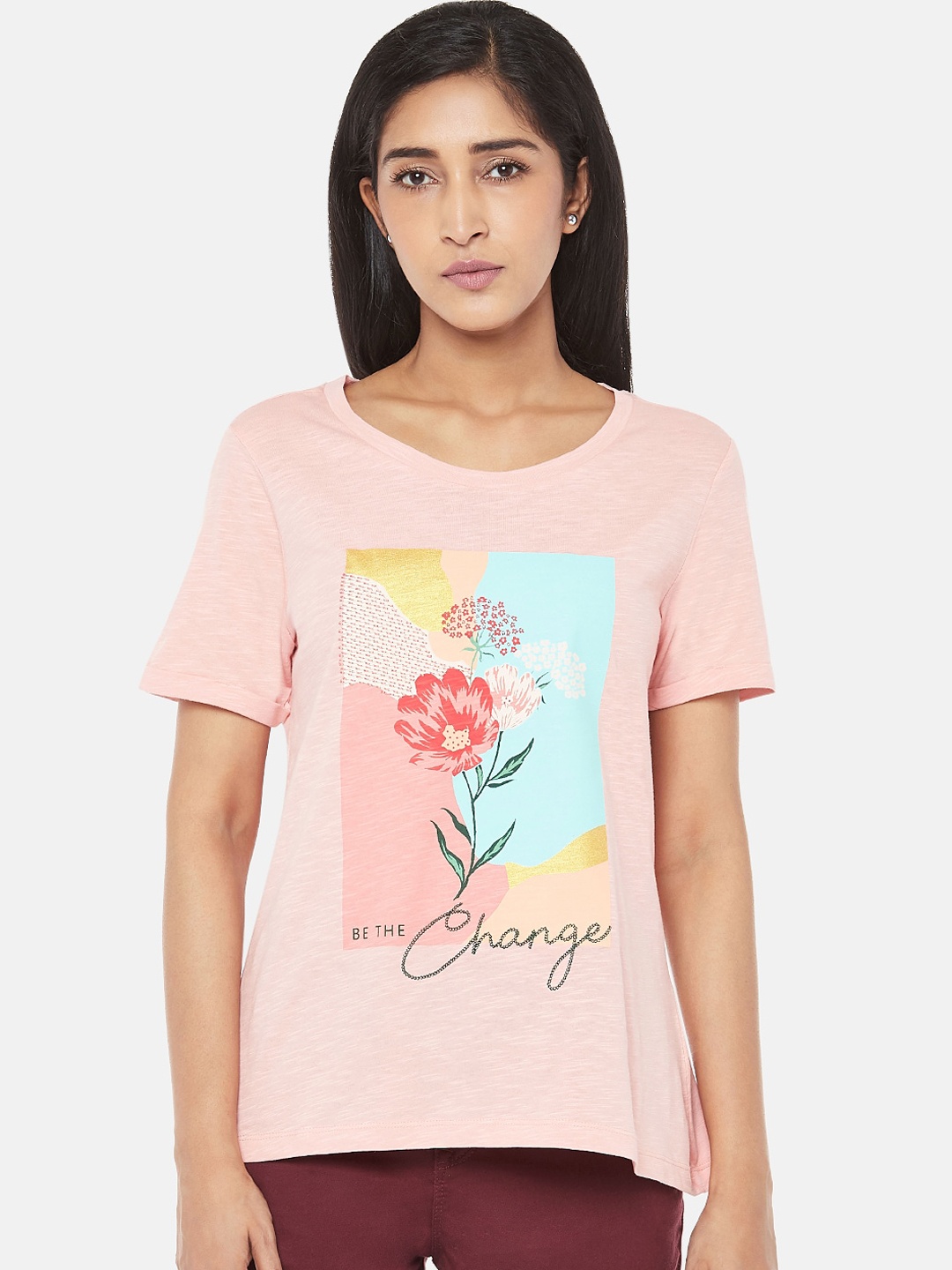 

Honey by Pantaloons Women Peach-Coloured Printed Round Neck T-shirt