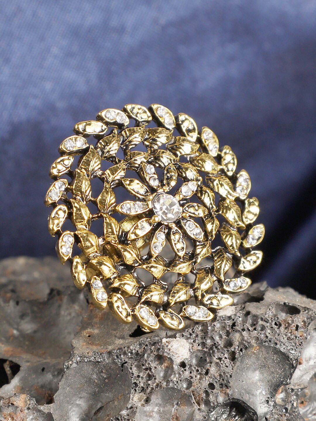 

ANIKAS CREATION Gold-Plated White Stone Studded Adjustable Finger Ring