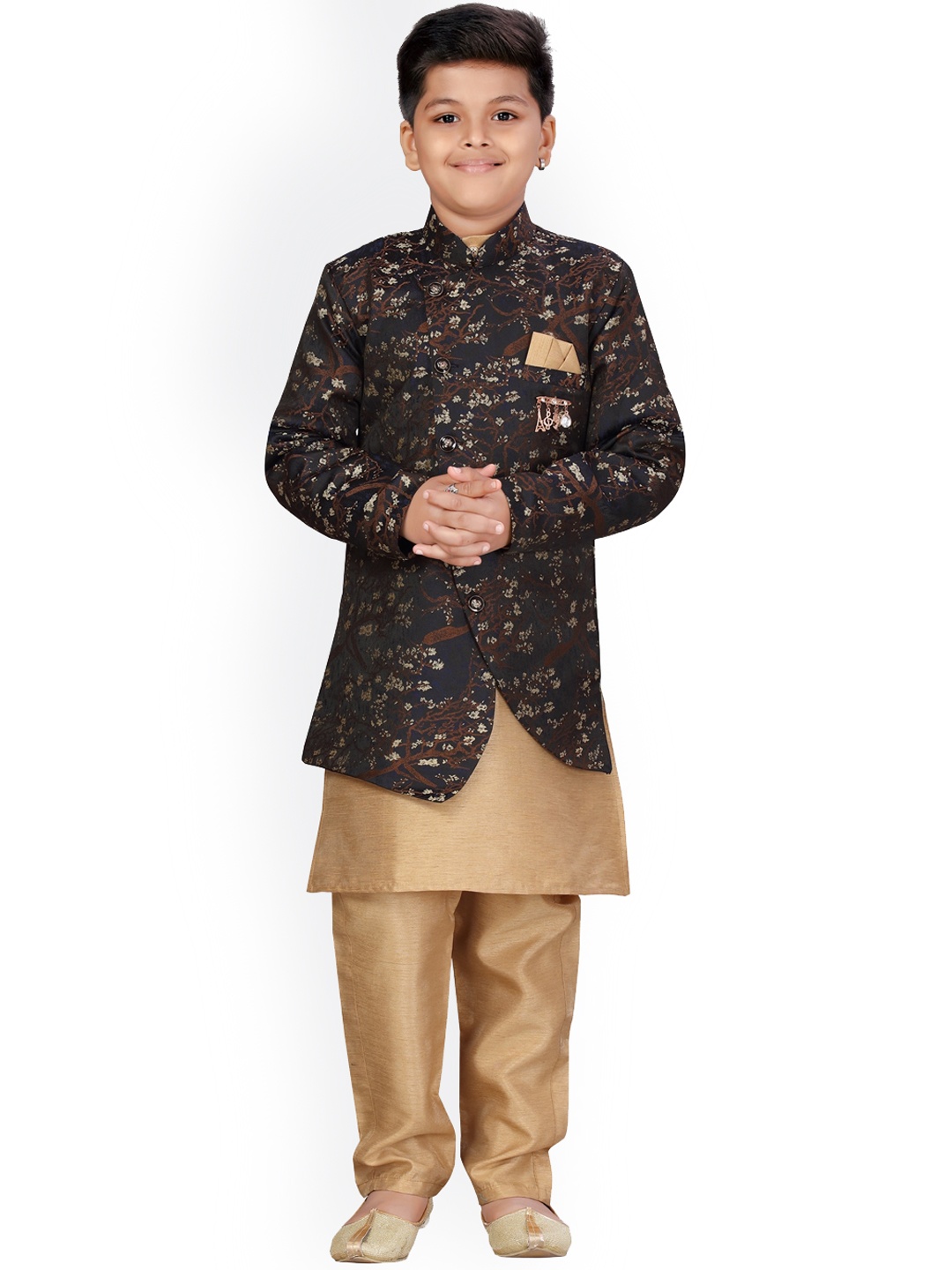 

ahhaaaa Boys Gold-Toned & Black Solid Kurta with Pyjamas