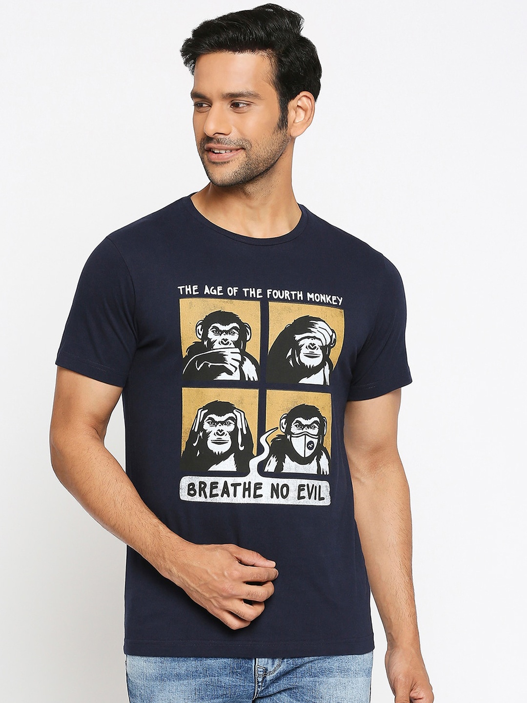 

Mufti Men Navy Blue Printed Round Neck T-shirt