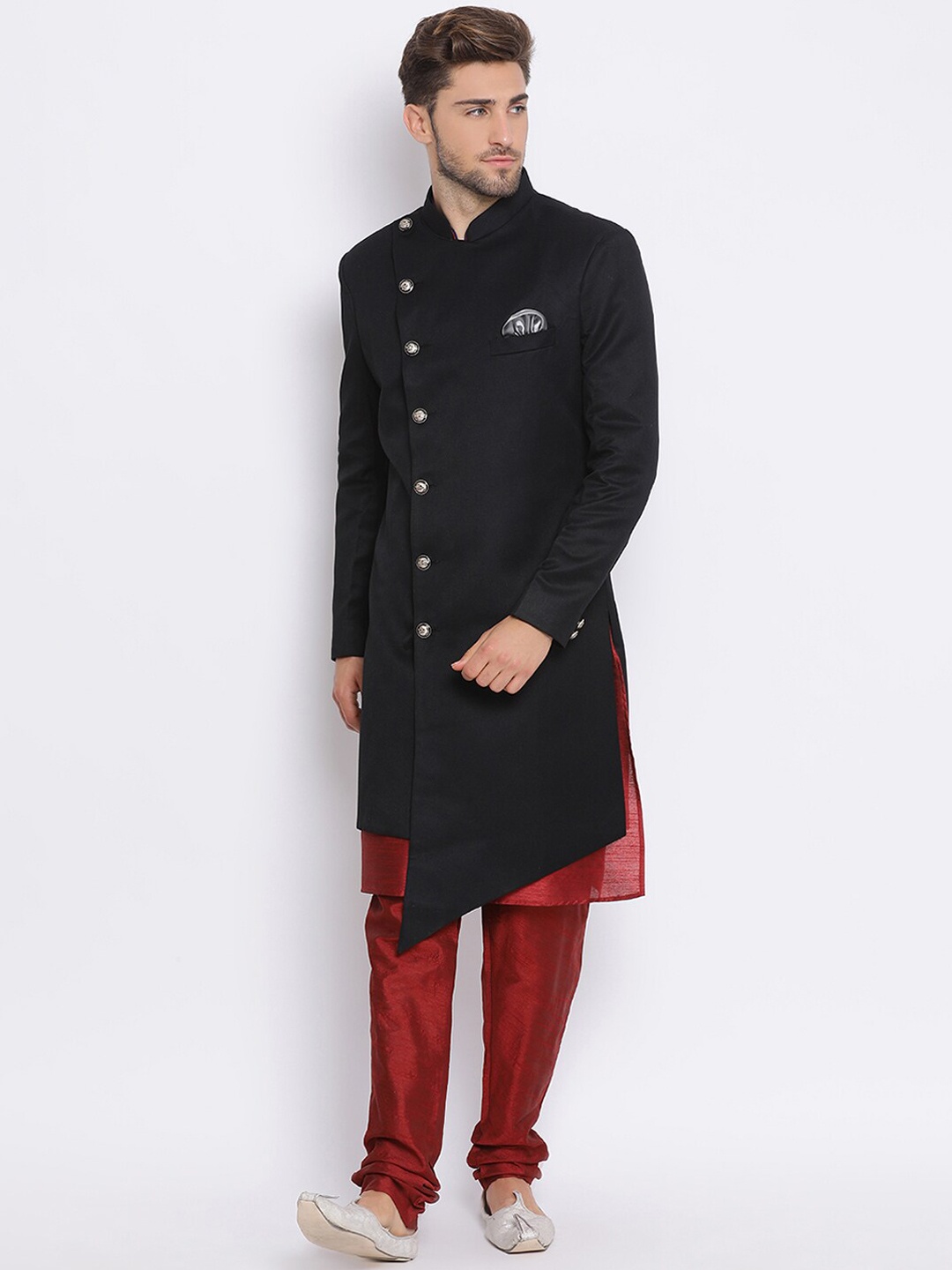 Hangup Men Black & Red Solid Sherwani Set