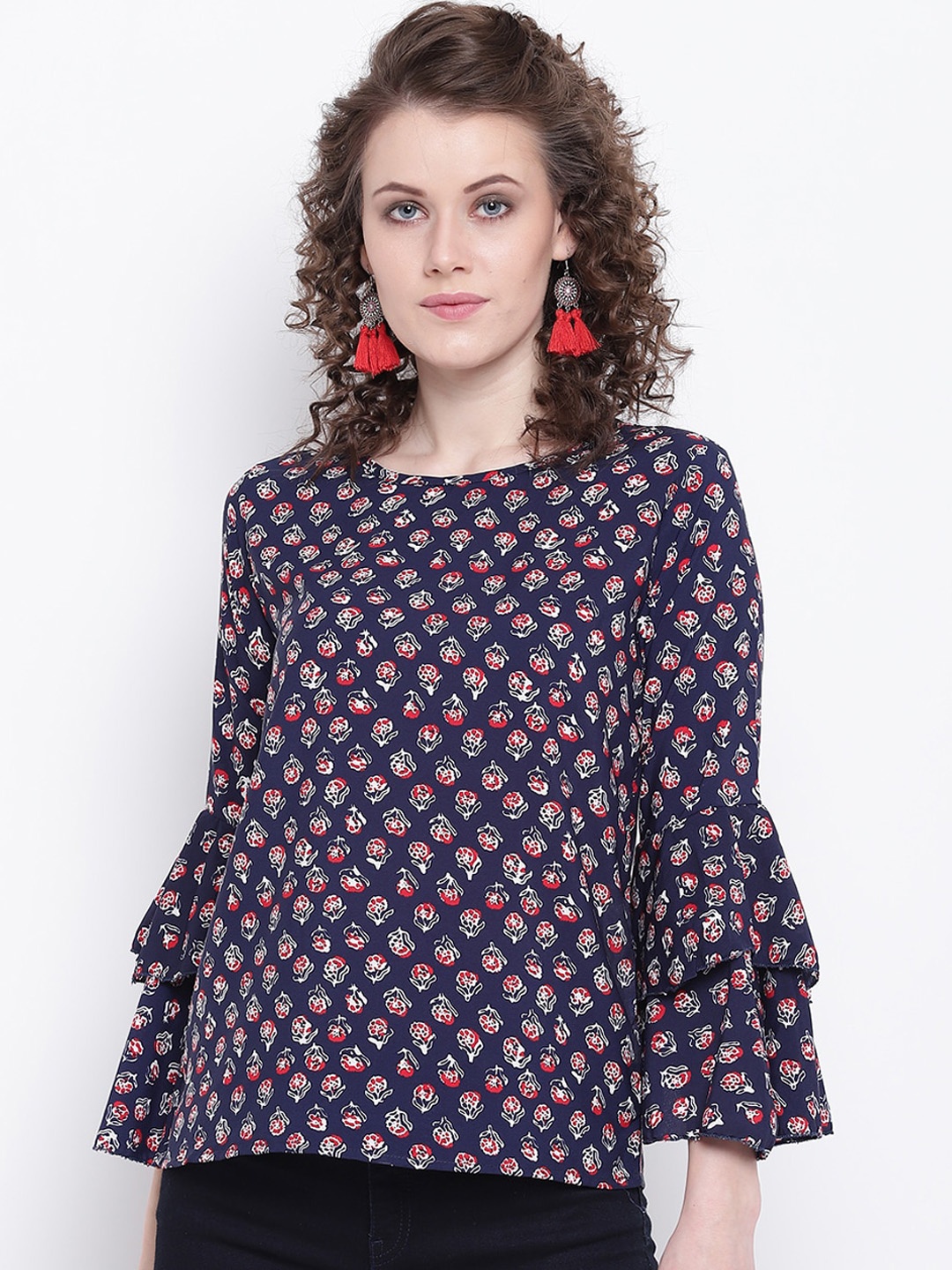 

Mayra Navy Blue & White Floral Printed Bell Sleeves Crepe Regular Top