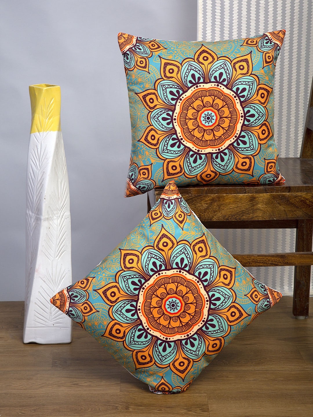 

Alina decor Yellow & Blue Set of 2 Ethnic Motifs Square Cushion Covers