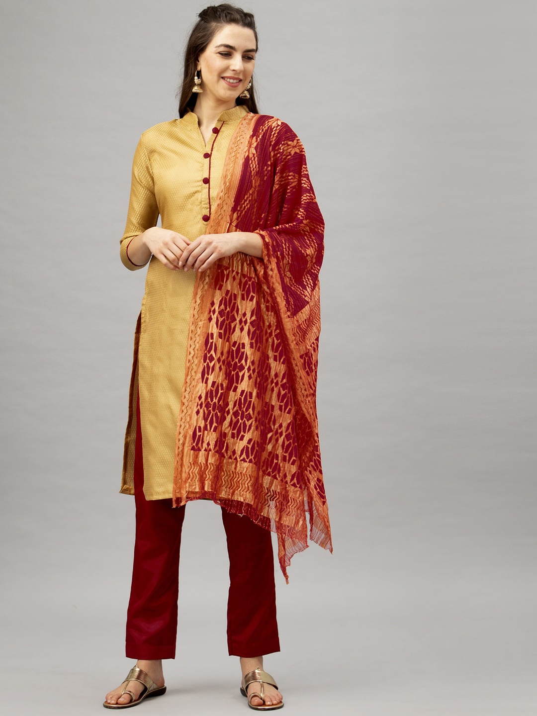 

Satrani Gold-Toned & Red Poly Silk Unstitched Dress Material