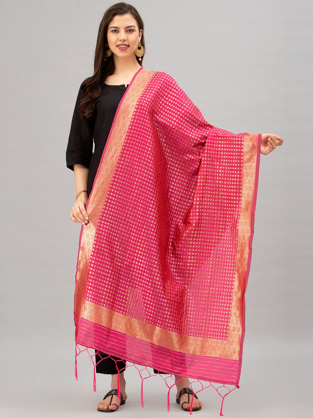 

Satrani Pink & Gold-Coloured Woven Design Jacquard Banarasi Dupatta