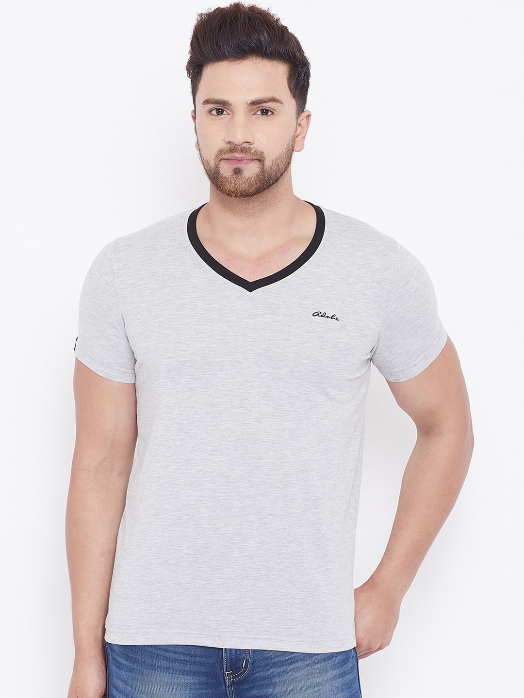 Adobe Men Grey Solid V-Neck T-shirt