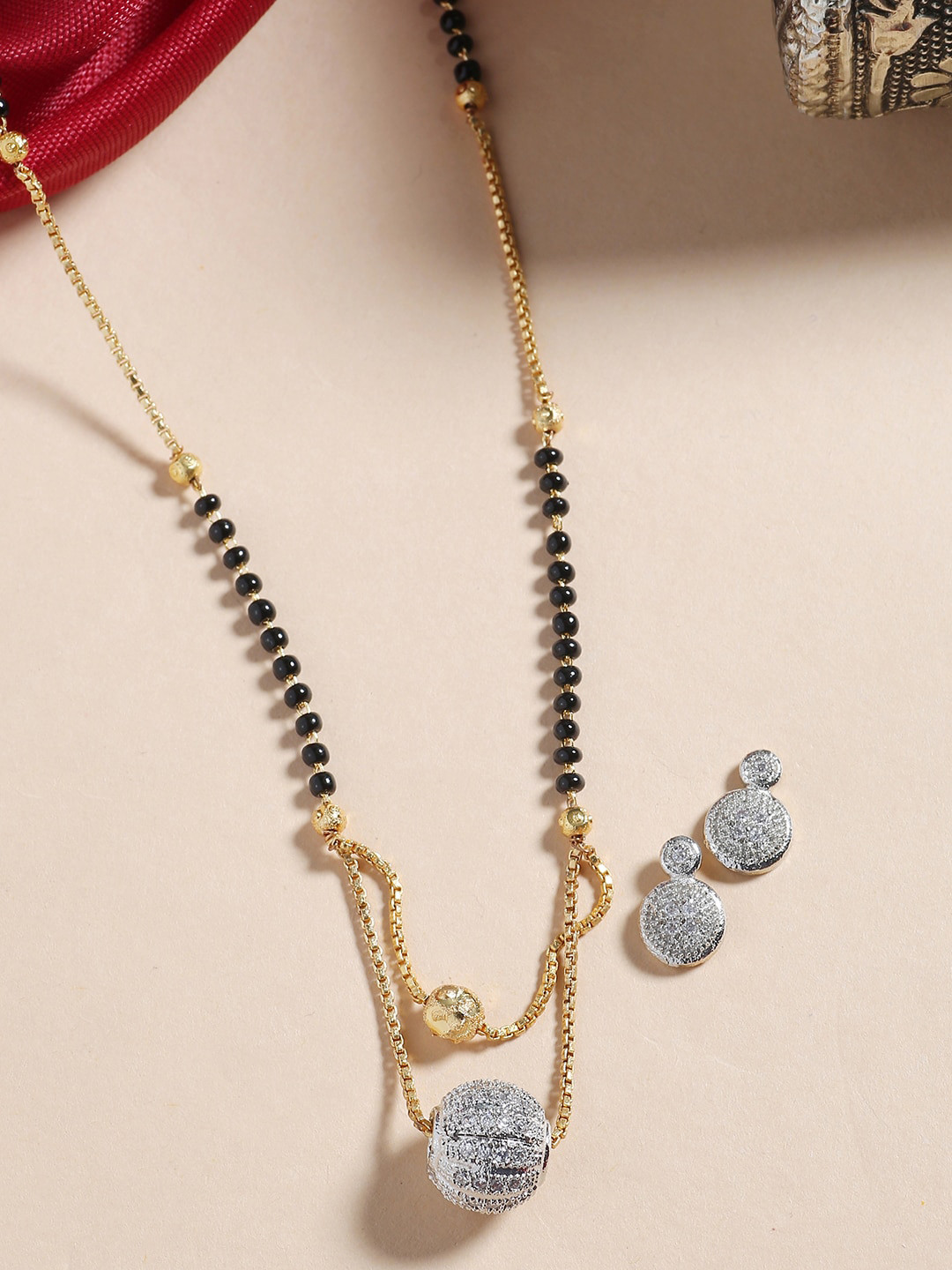 

Shoshaa Gold-Plated Black & White Stone-Studded Beaded Layered Mangalsutra