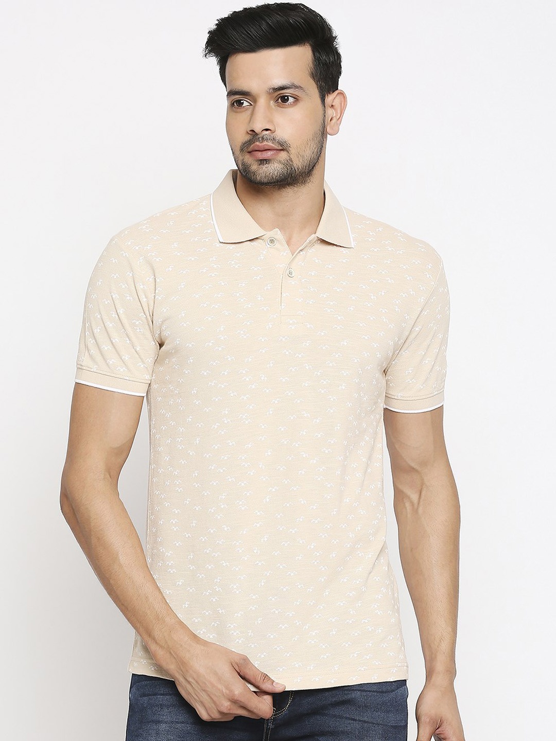 

Mufti Men Plus Size Beige Printed Polo Collar T-shirt