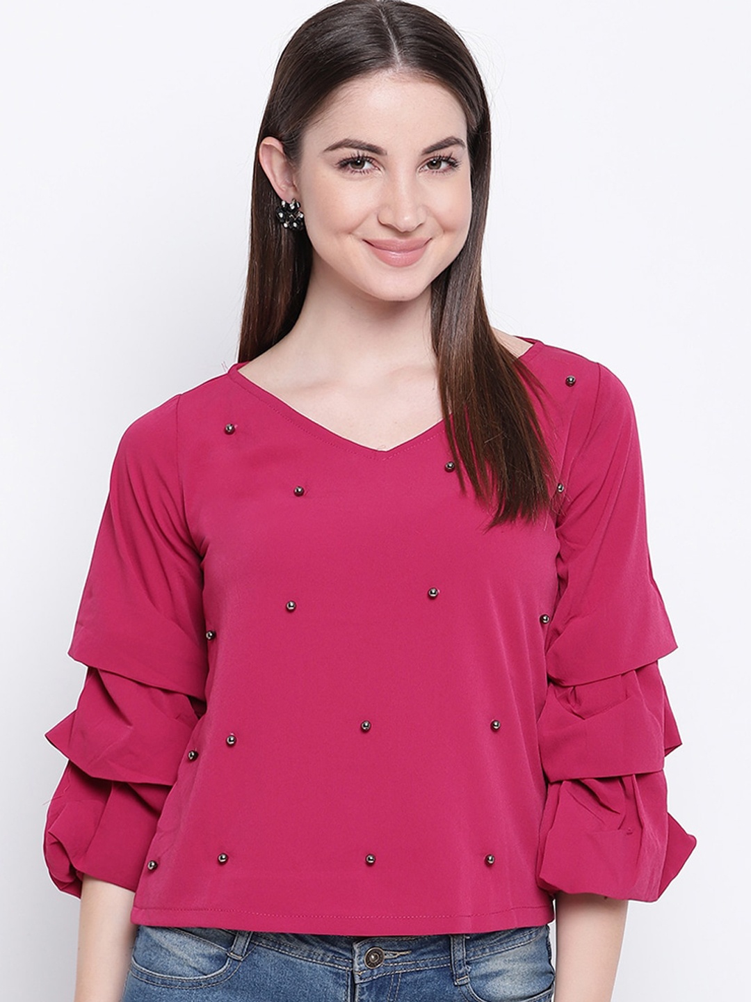 

Mayra Pink Embellished Bell Sleeves Crepe Regular Top