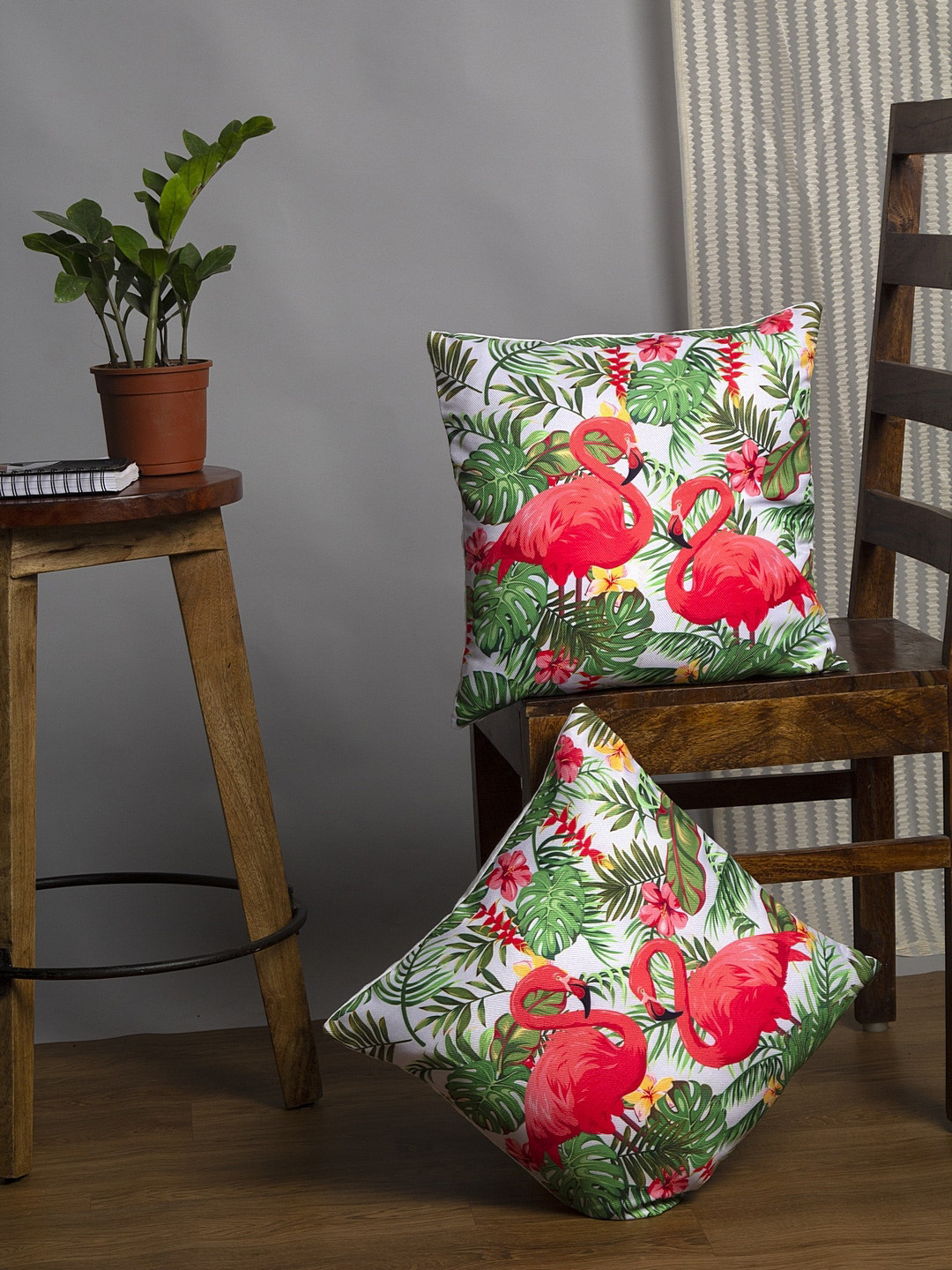 

Alina decor Set Of 2 White & Pink Flamingo Square Cushion Covers