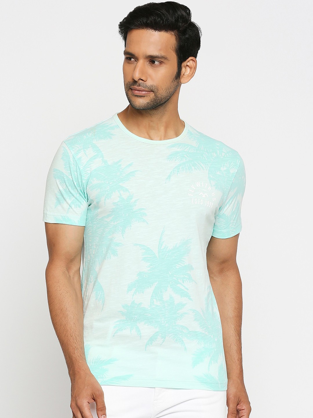 

Mufti Men Green Slim Fit Printed Round Neck Cotton Pure Cotton T-shirt