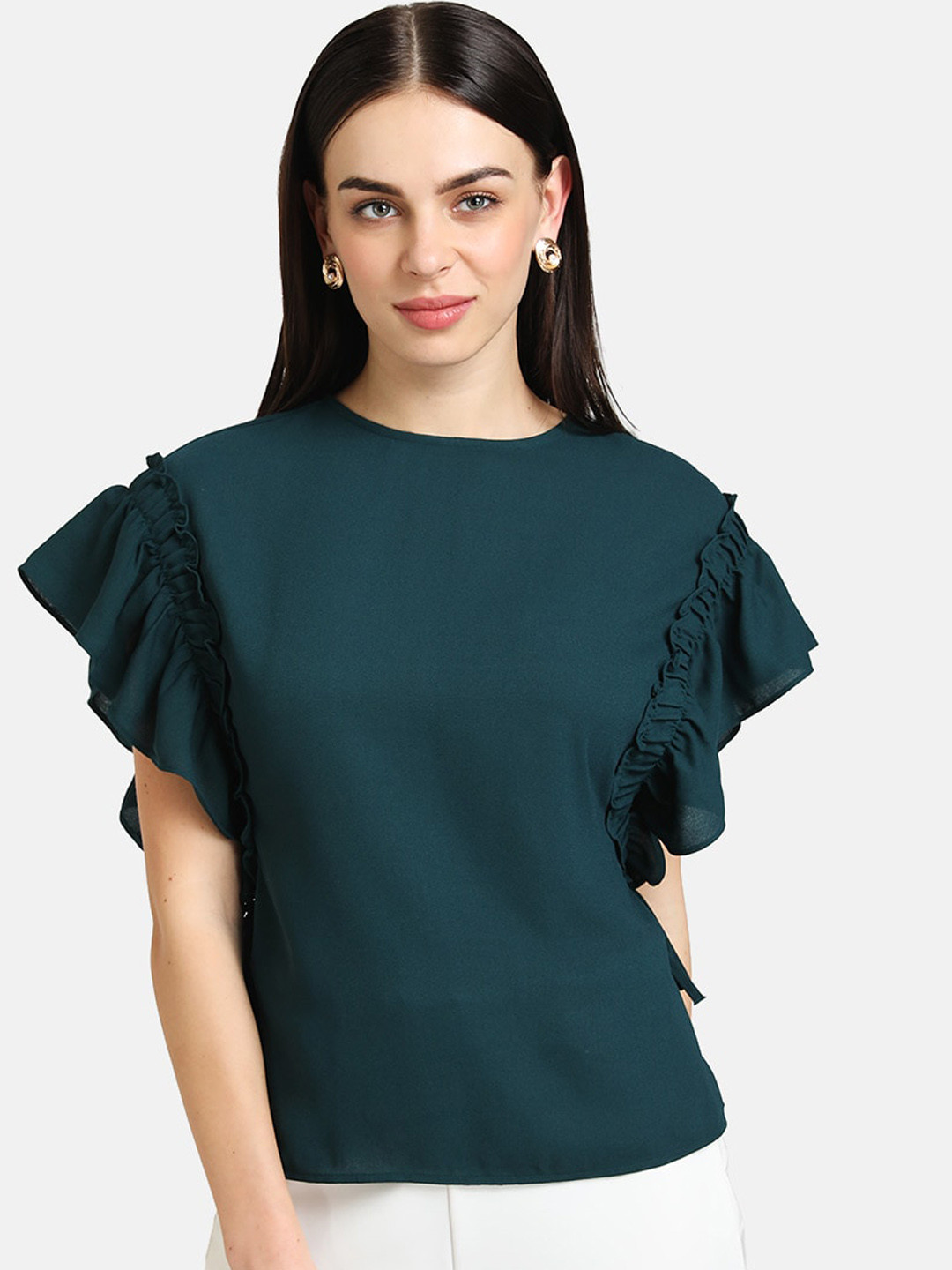 

Kazo Green Flutter Sleeves Regular Top