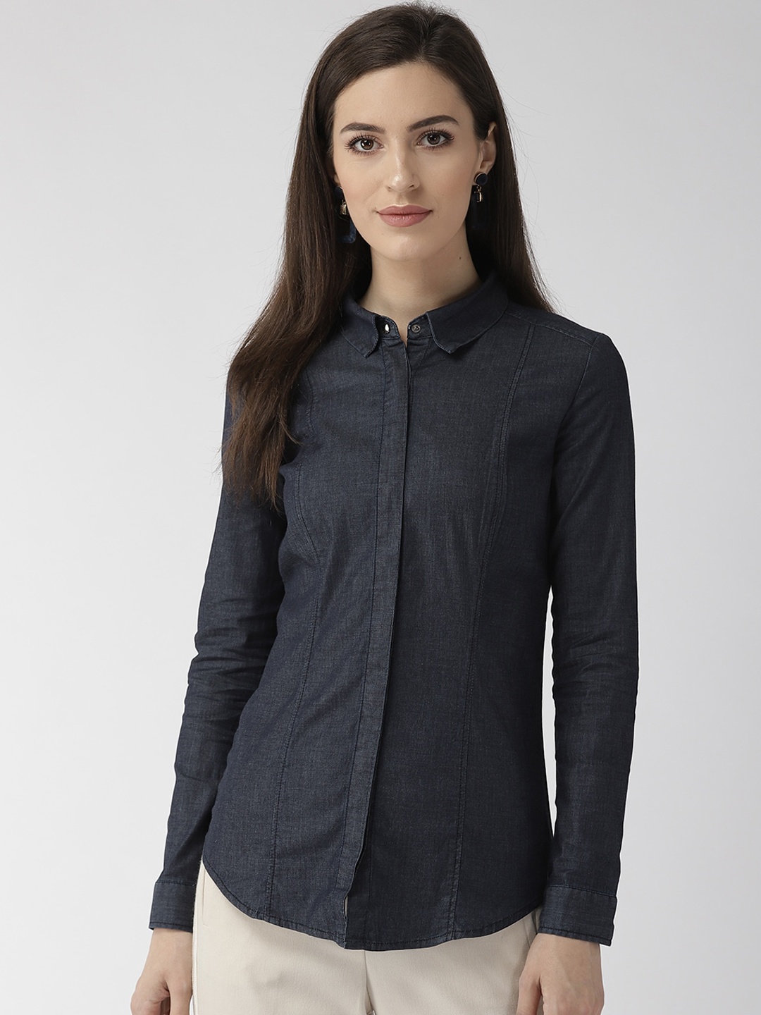 

Xpose Women Navy Blue Regular Fit Solid Denim Shirt