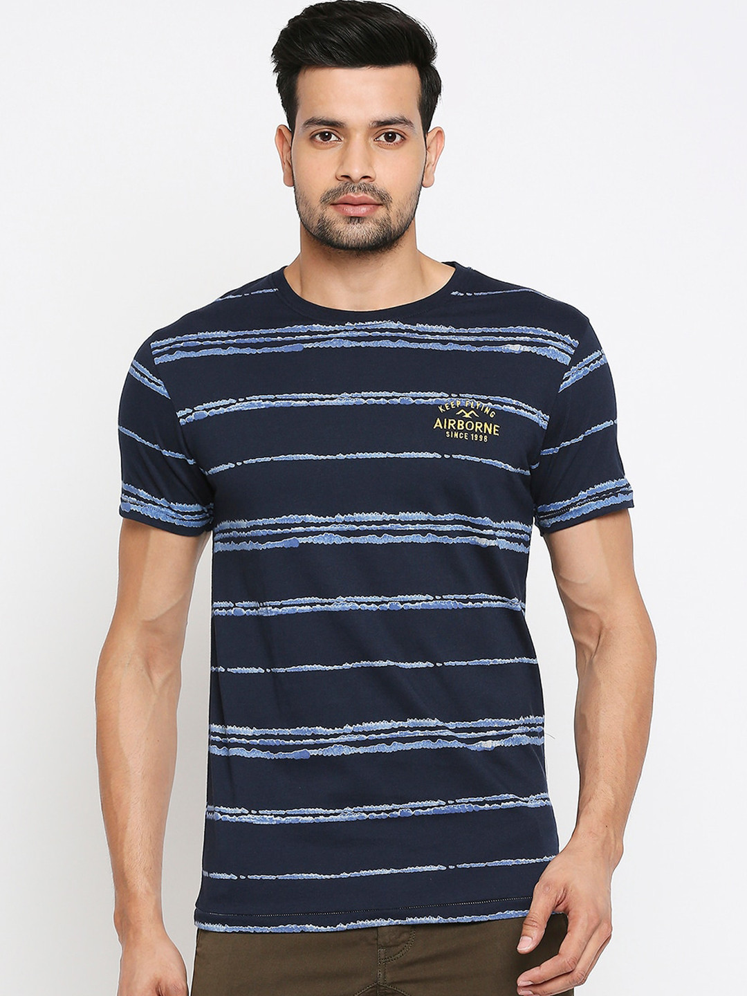 

Mufti Men Navy Blue Striped Round Neck Cotton Pure Cotton T-shirt