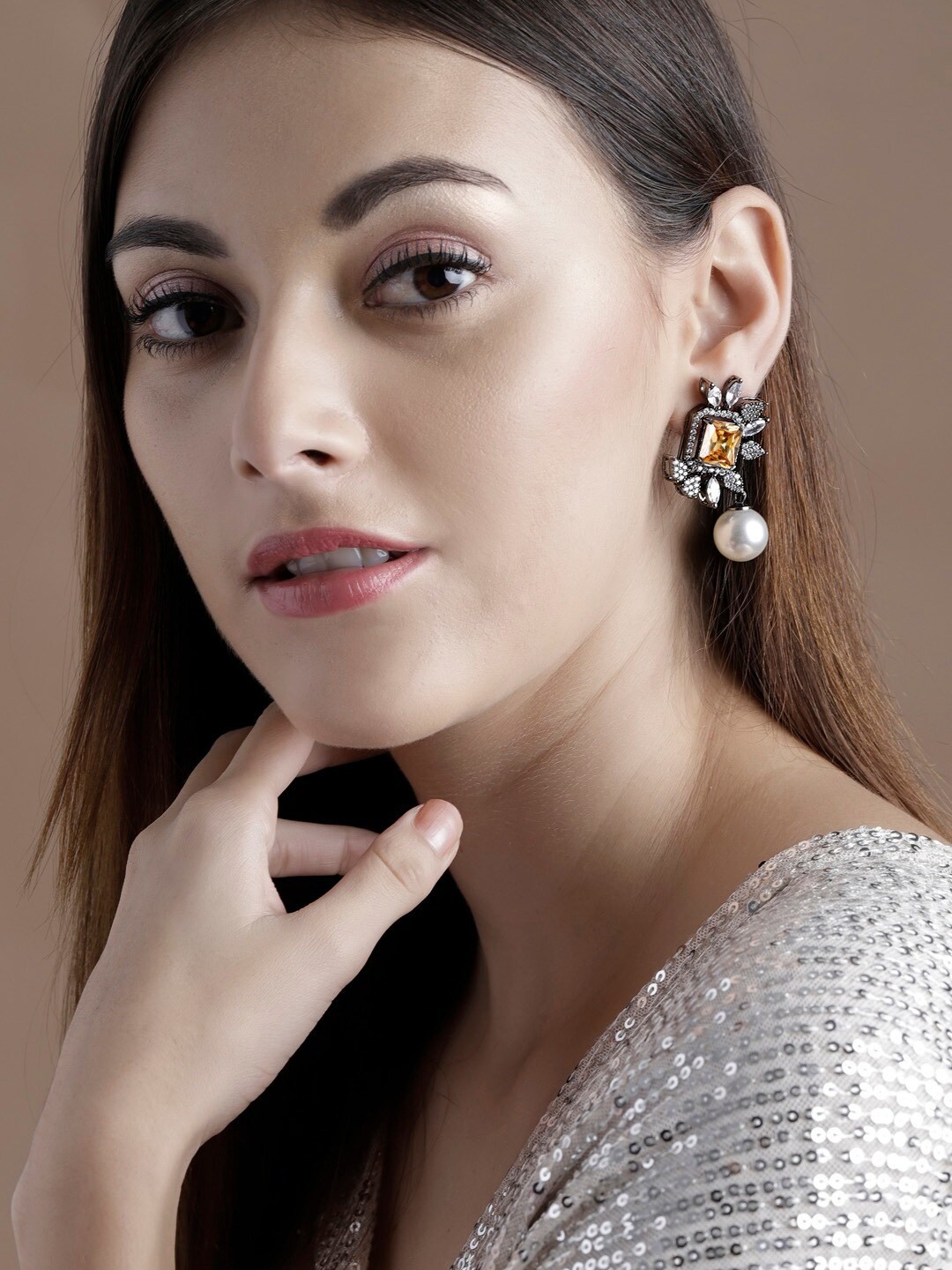 

Rubans Silver-Plated Zircon Studded Contemporary Drop Earrings