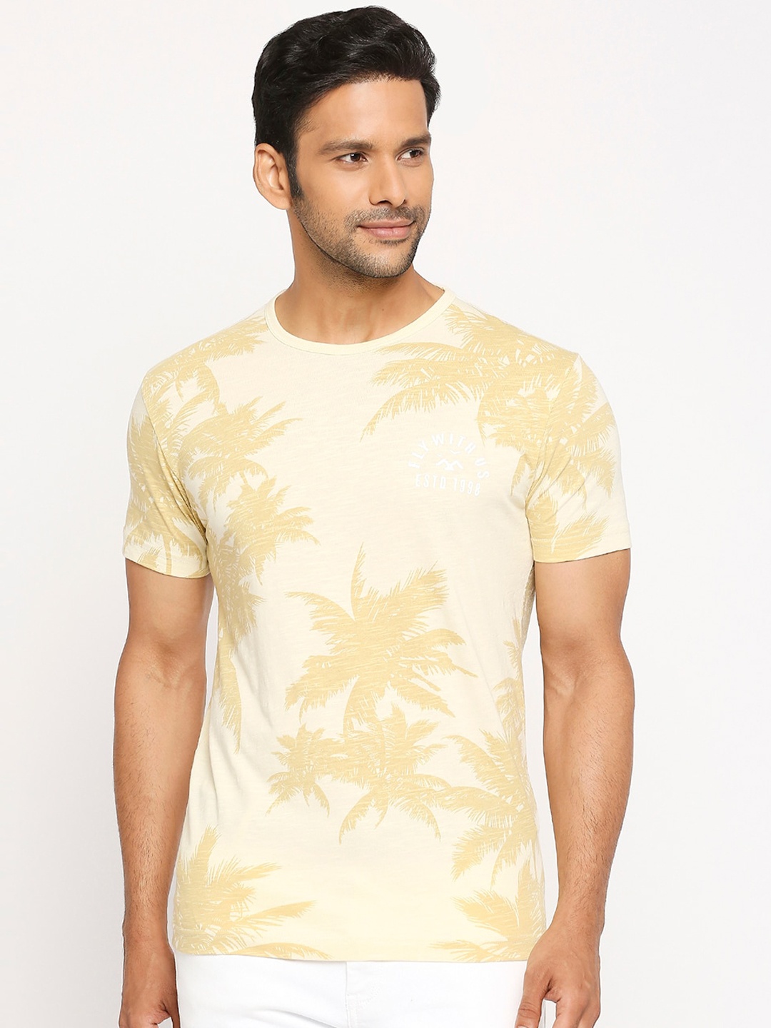 

Mufti Men Yellow Printed Round Neck Pure Cotton T-shirt