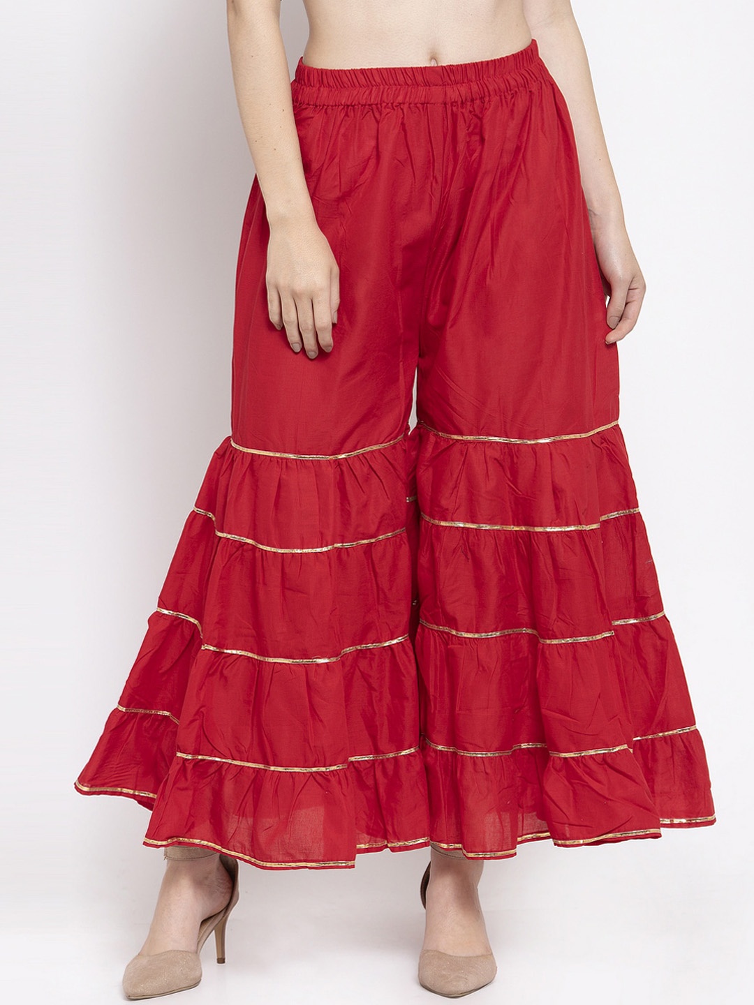 Clora Creation Women Red & Gold-Toned Hem Design Flared Gharara