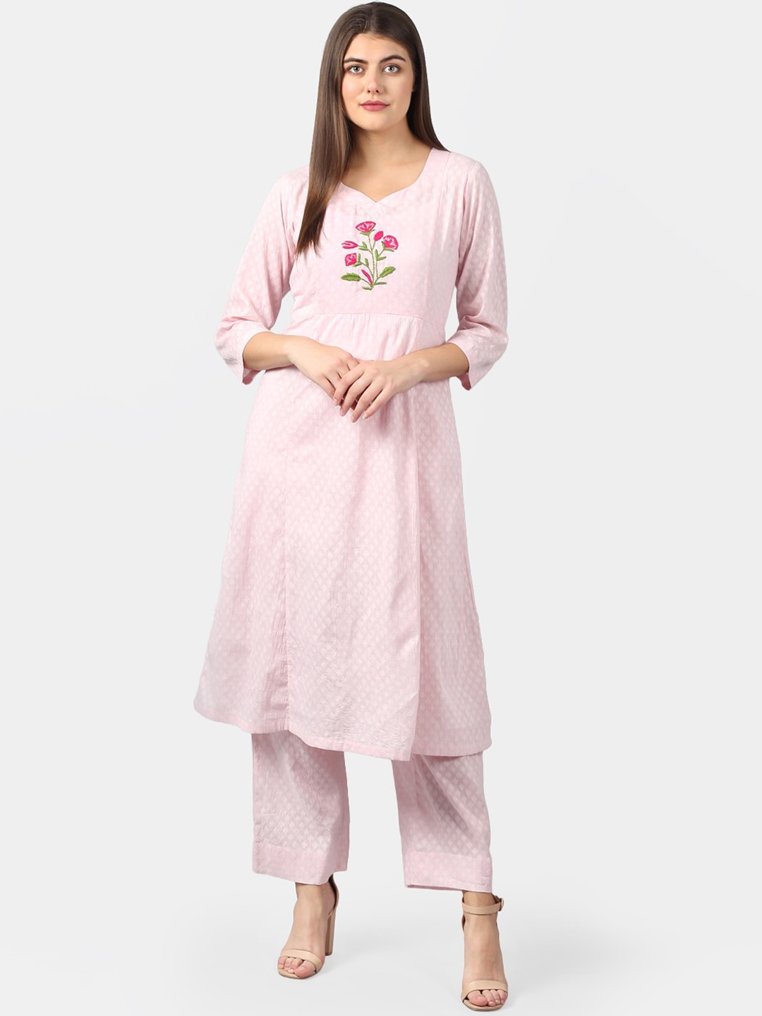 

Dart Studio Women Pink Floral Thread Work Jacquard Anarkali Kurta