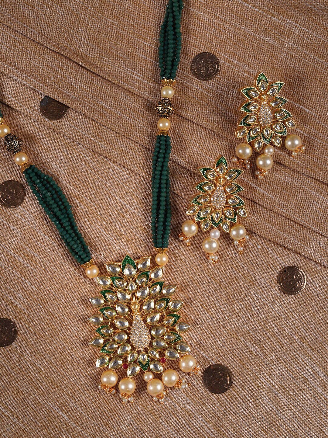 Shoshaa Gold-Plated Green & White Kundan-Studded Beaded Handcrafted Jewellery Set