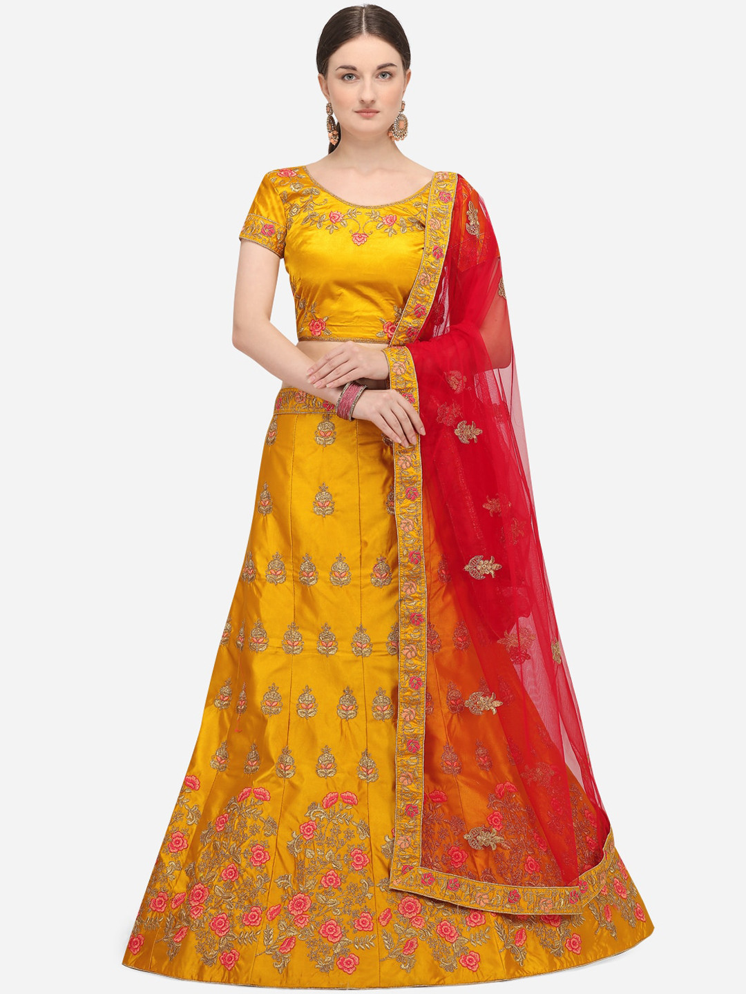 

Netram Yellow & Red Embellished Semi-Stitched Lehenga & Unstitched Blouse with Dupatta