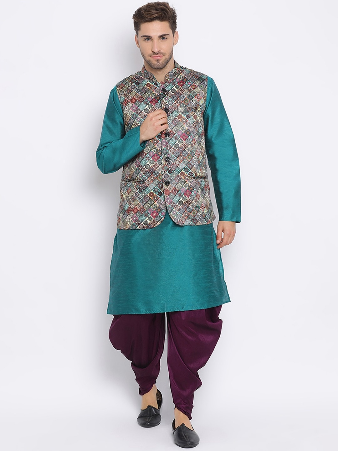 

Hangup Men Blue & Purple Solid Kurta with Dhoti Pants