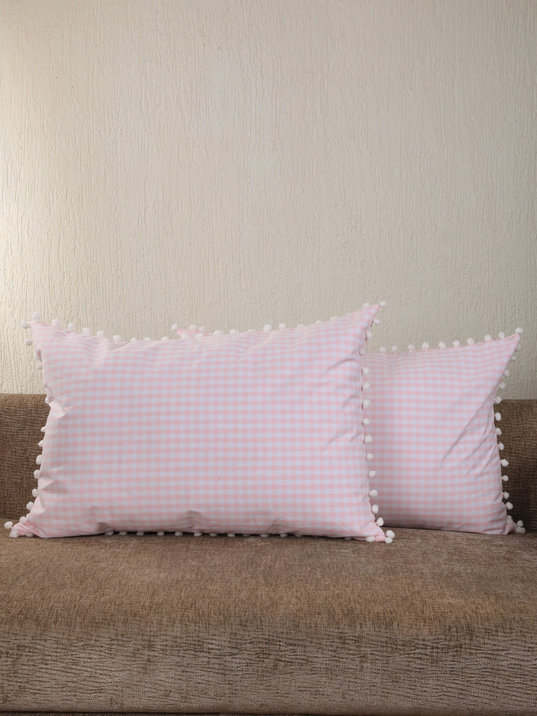 

My Gift Booth Set Of 2 Pink & White Checked Pom Pom Rectangular Pillow Covers
