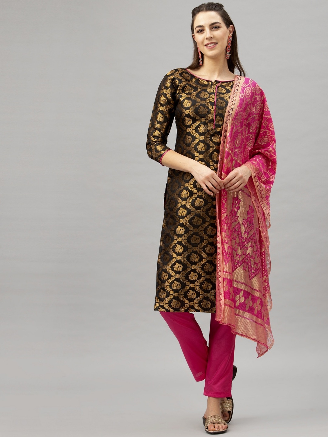 

Satrani Black & Pink Poly Silk Unstitched Dress Material