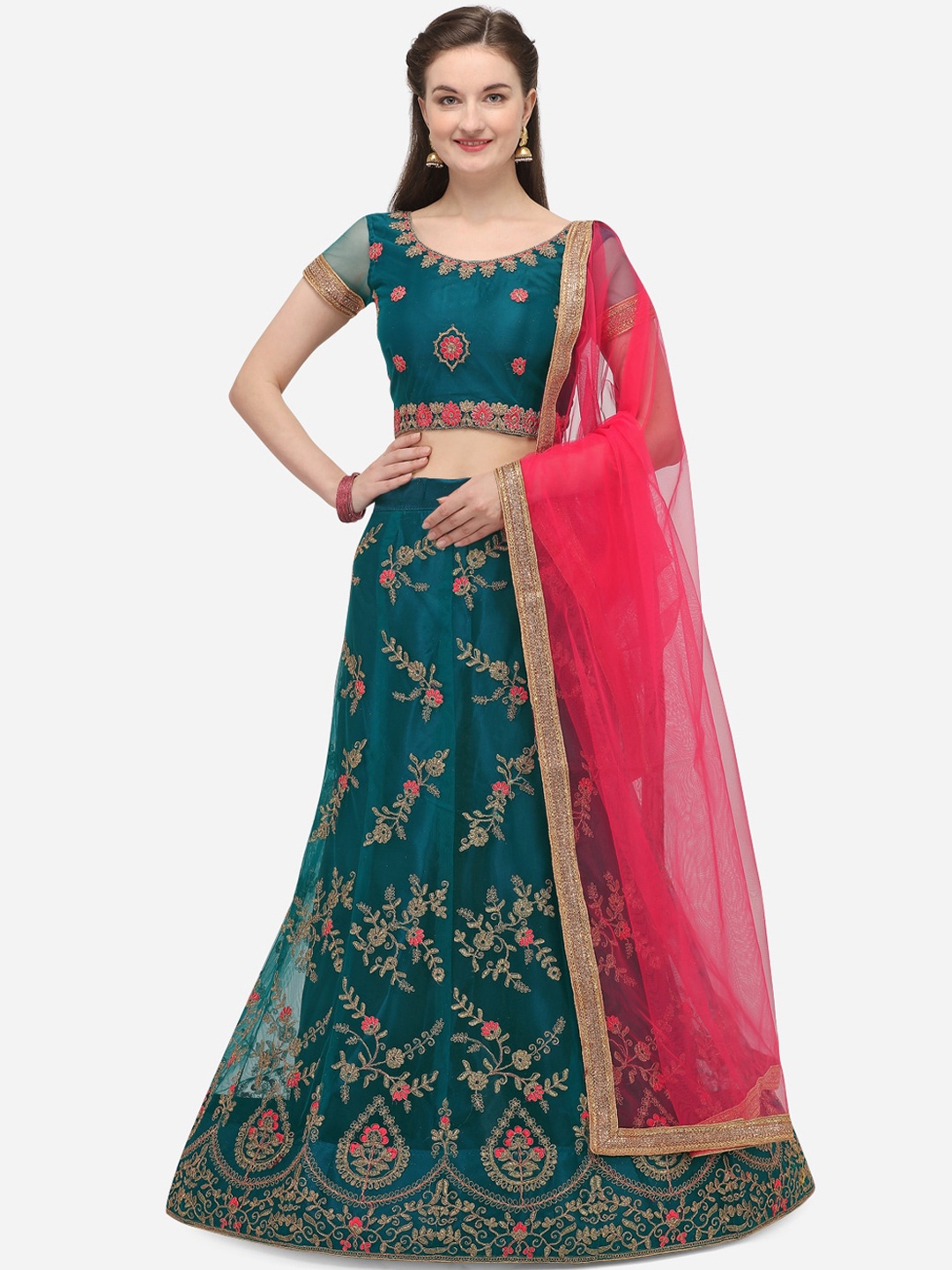 

Netram Teal & Pink Embroidered Semi-Stitched Lehenga & Unstitched Blouse with Dupatta