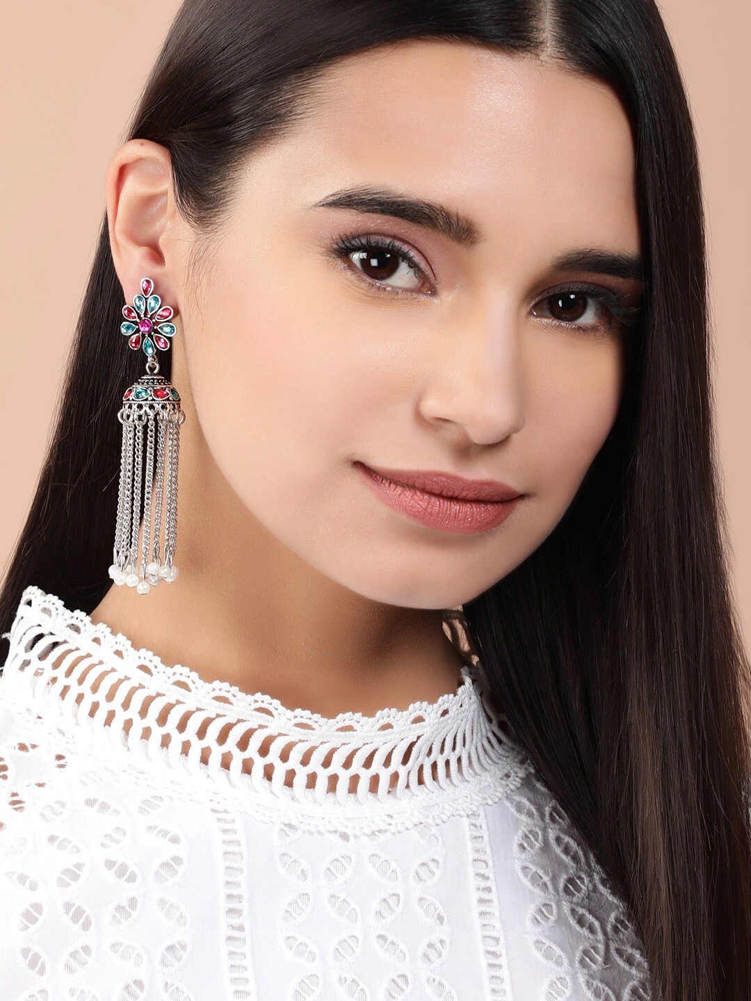 

Rubans Silver-Toned & Pink Contemporary Jhumkas