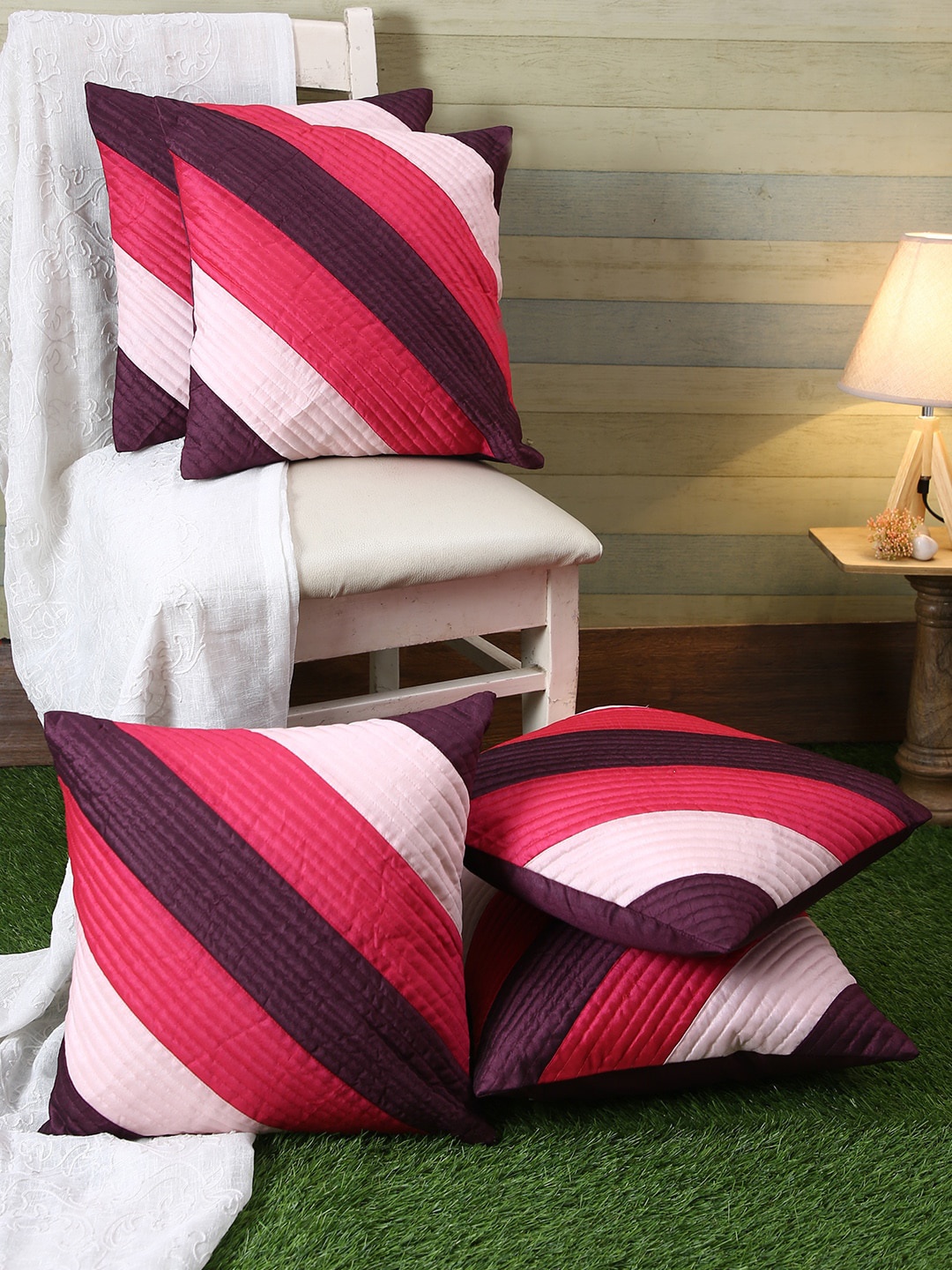 ROMEE Purple & White Set of 5 Striped Square Cushion Covers
