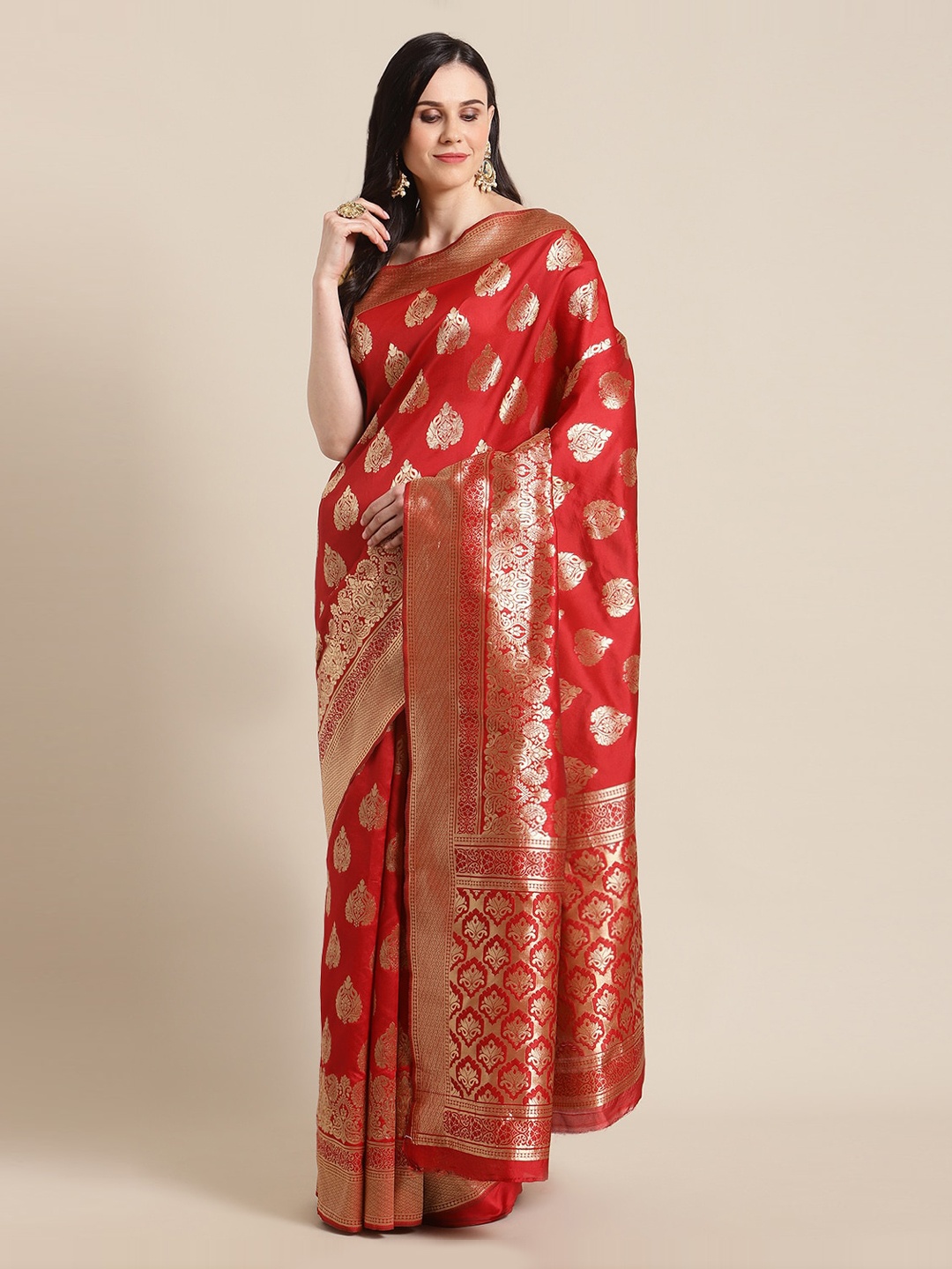 

Mitera Red & Gold-Coloured Silk Blend Woven Design Banarasi Saree