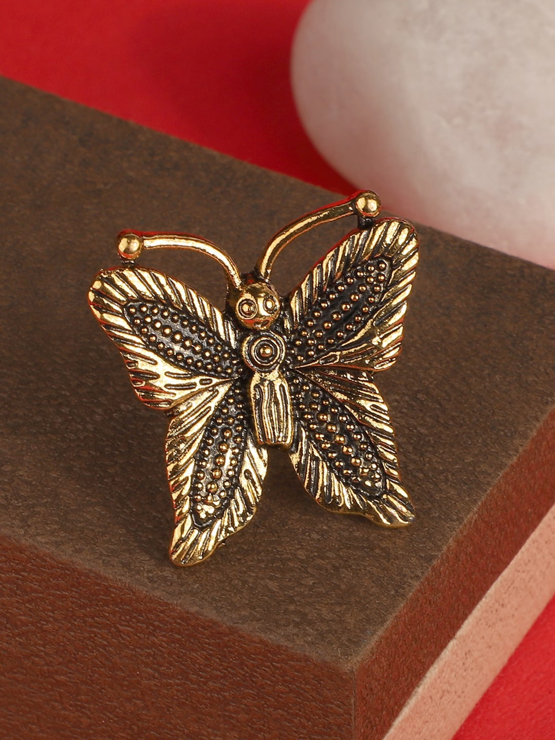 

ANIKAS CREATION Gold-Plated Oxidised Butterfly Shaped Adjustable Finger Ring
