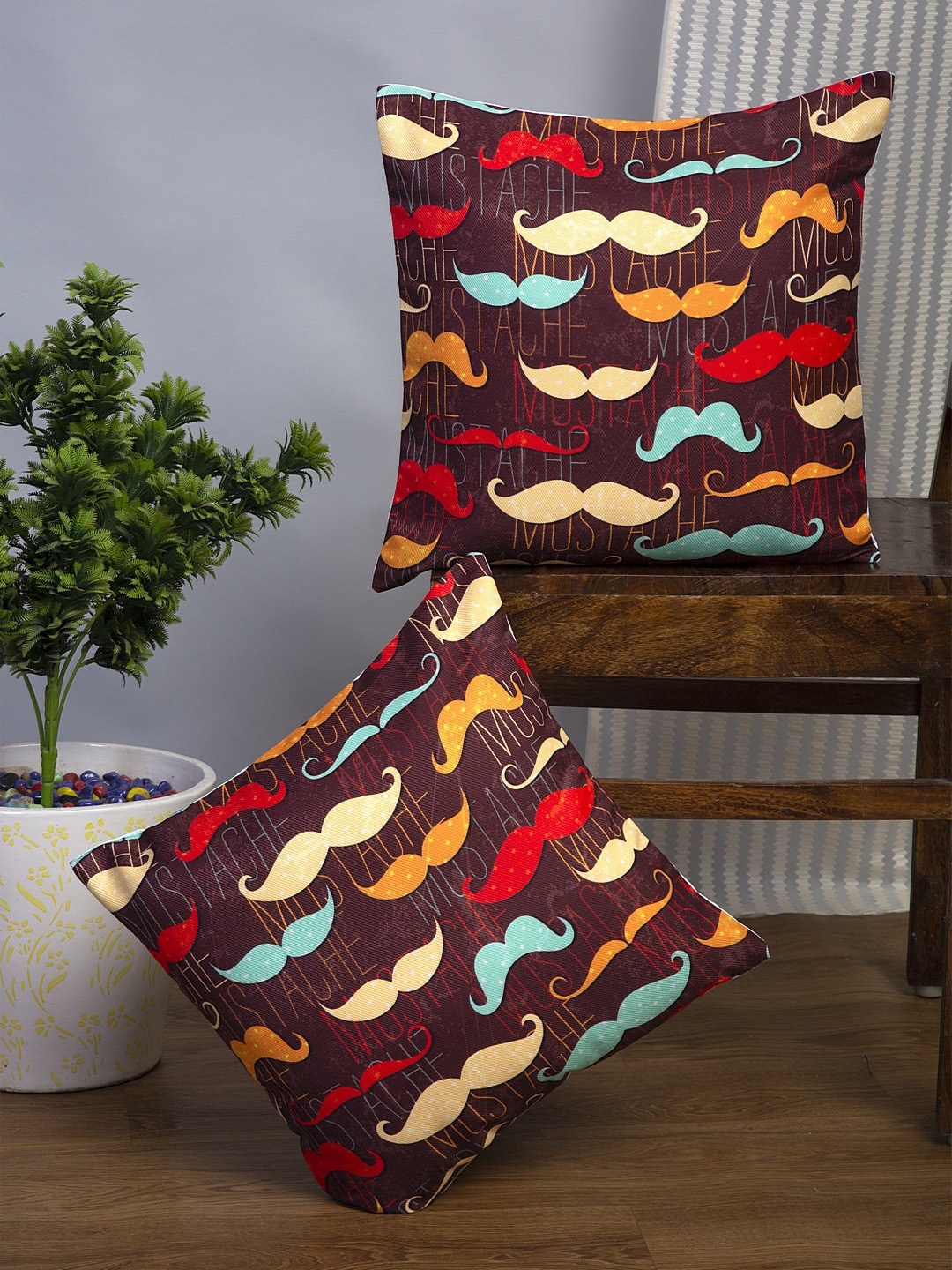 Alina decor Set Of 2 Brown & Red Mustache Square Cushion Covers