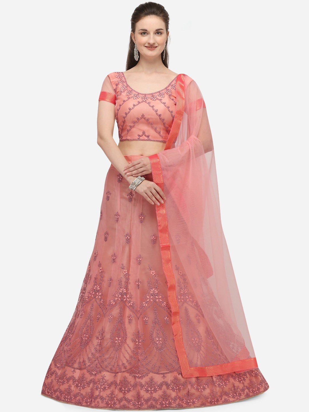 

Netram Peach-Coloured Embroidered Net Semi-Stitched Lehenga & Blouse with Dupatta
