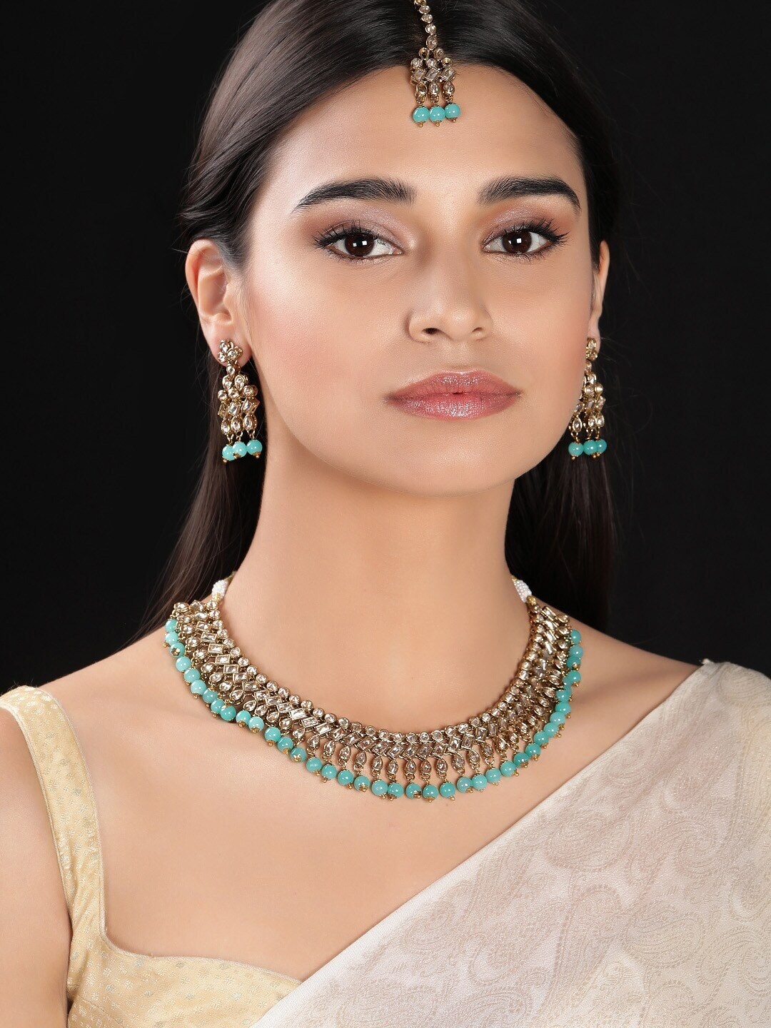 

Rubans Gold-Plated White & Blue Stone-Studded Beaded Handcrafted Jewellery Set